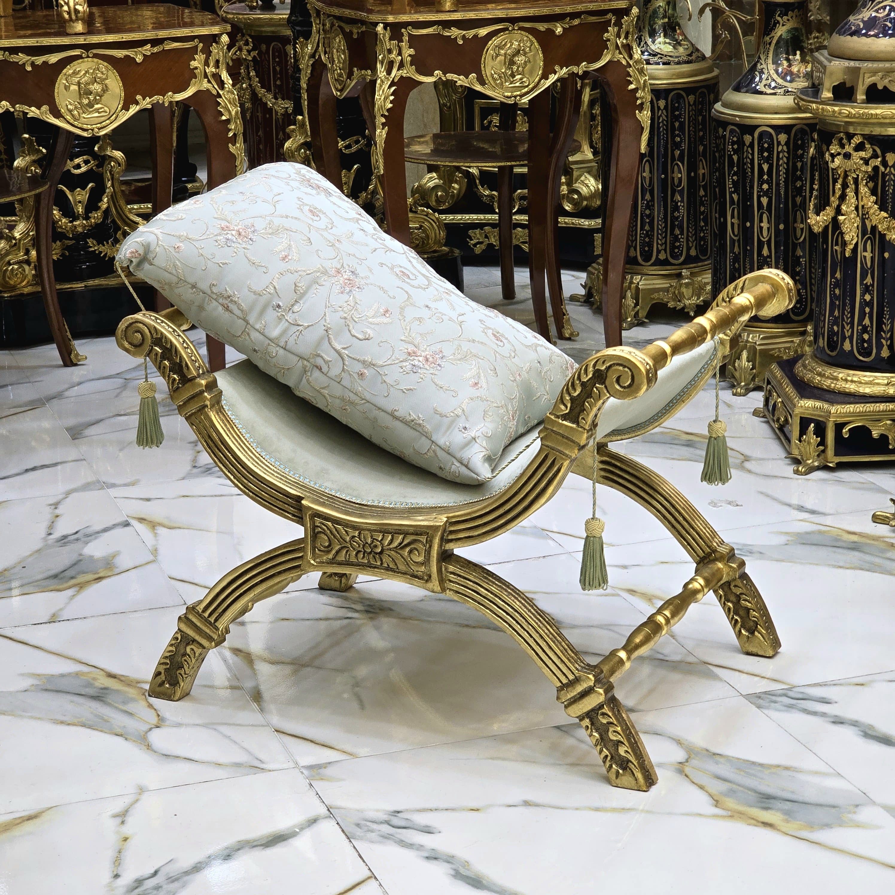 Small Baroque Style Bench – Light Blue Damask Upholstery with Gold Leaf Details