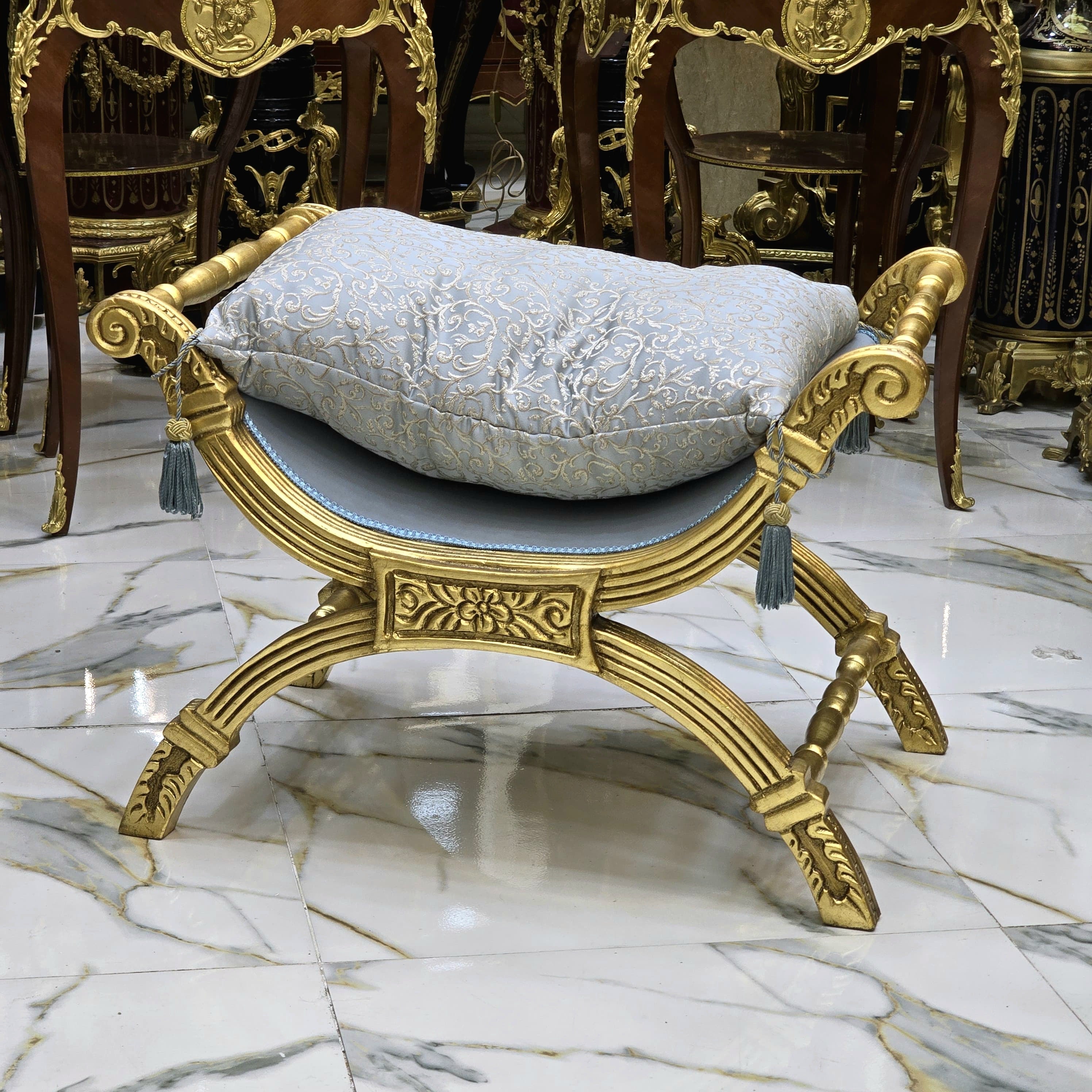 Small Baroque Style Bench – Light Blue Damask Upholstery with Gold Leaf Details
