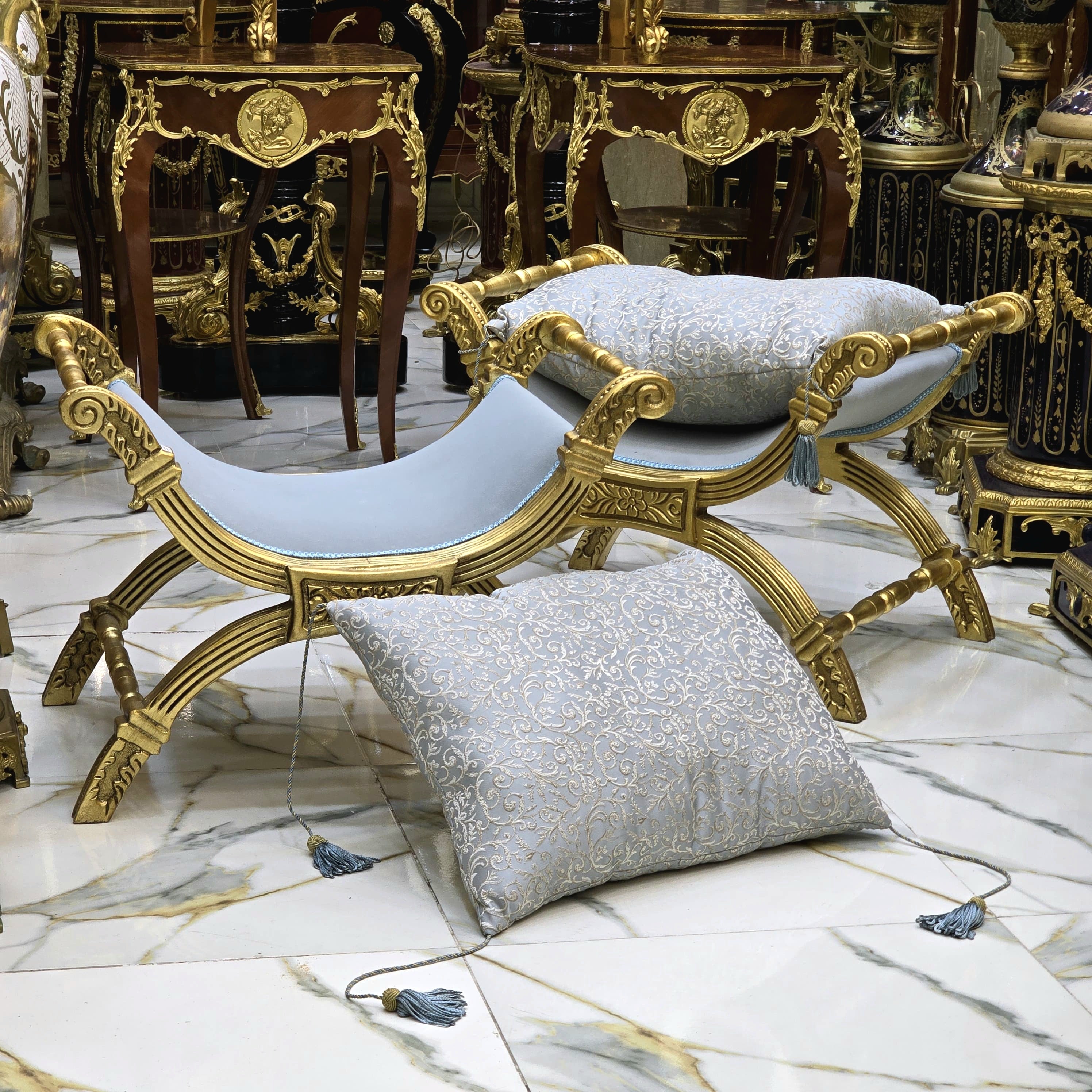 Small Baroque Style Bench – Light Blue Damask Upholstery with Gold Leaf Details