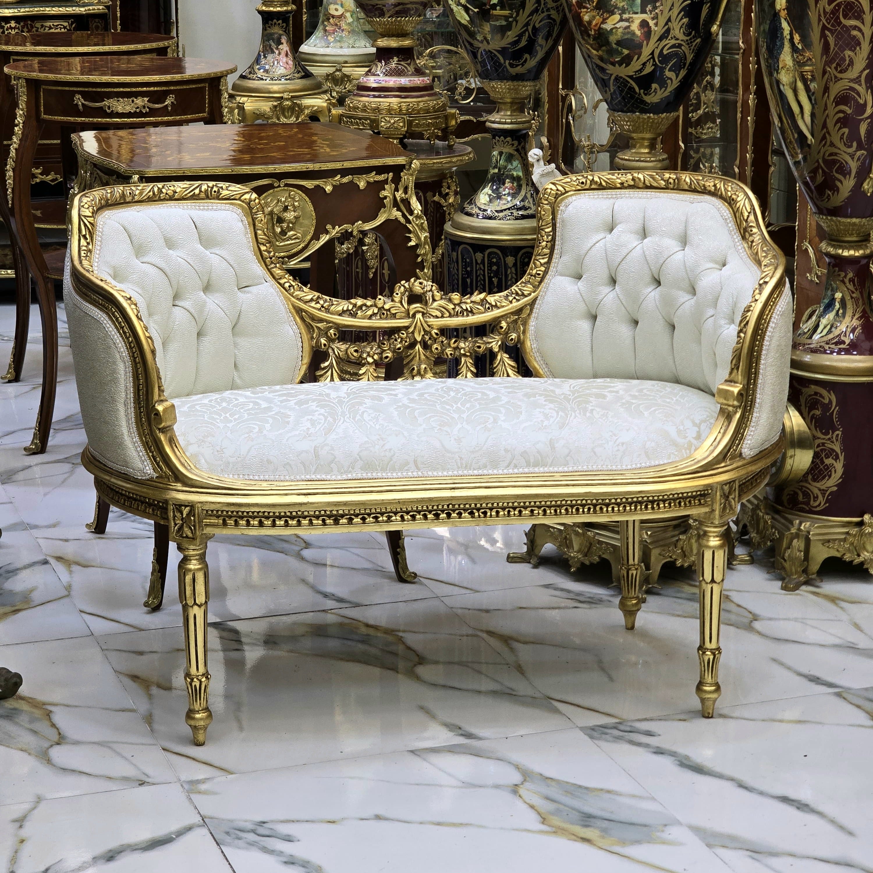 French Style Bench – White Tufted Velvet & Damask Upholstery with Gold Leaf Details
