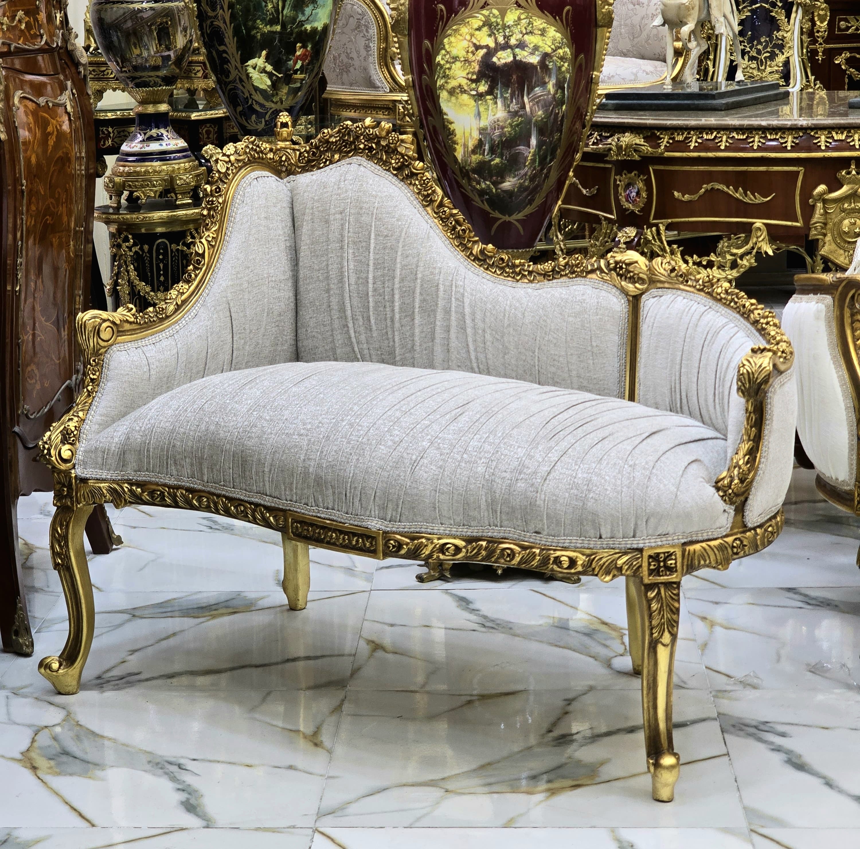 Baroque Style Gold Leaf Settee Sofa – Unique Sculpted Back, Tan & Beige Designer Upholstery