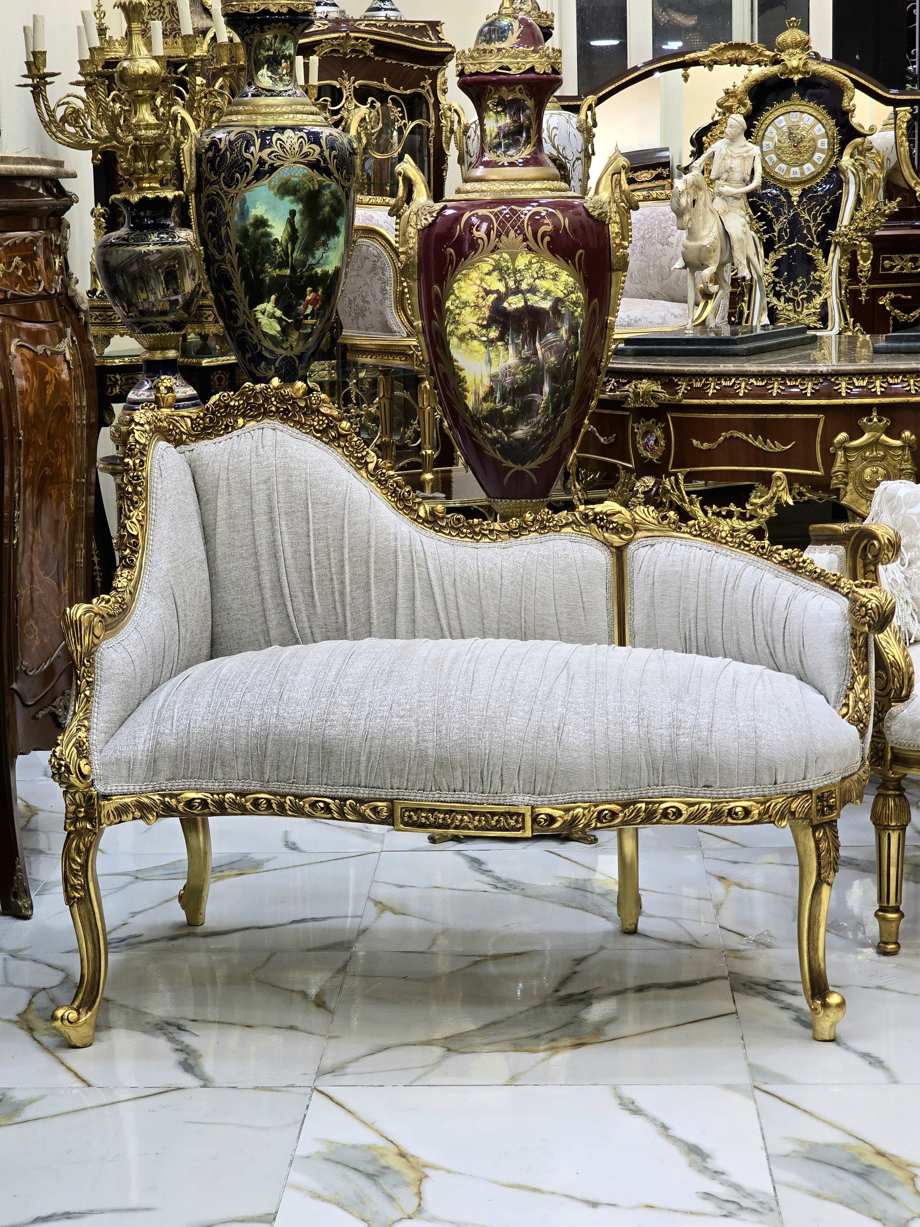Baroque Style Gold Leaf Settee Sofa – Unique Sculpted Back, Tan & Beige Designer Upholstery