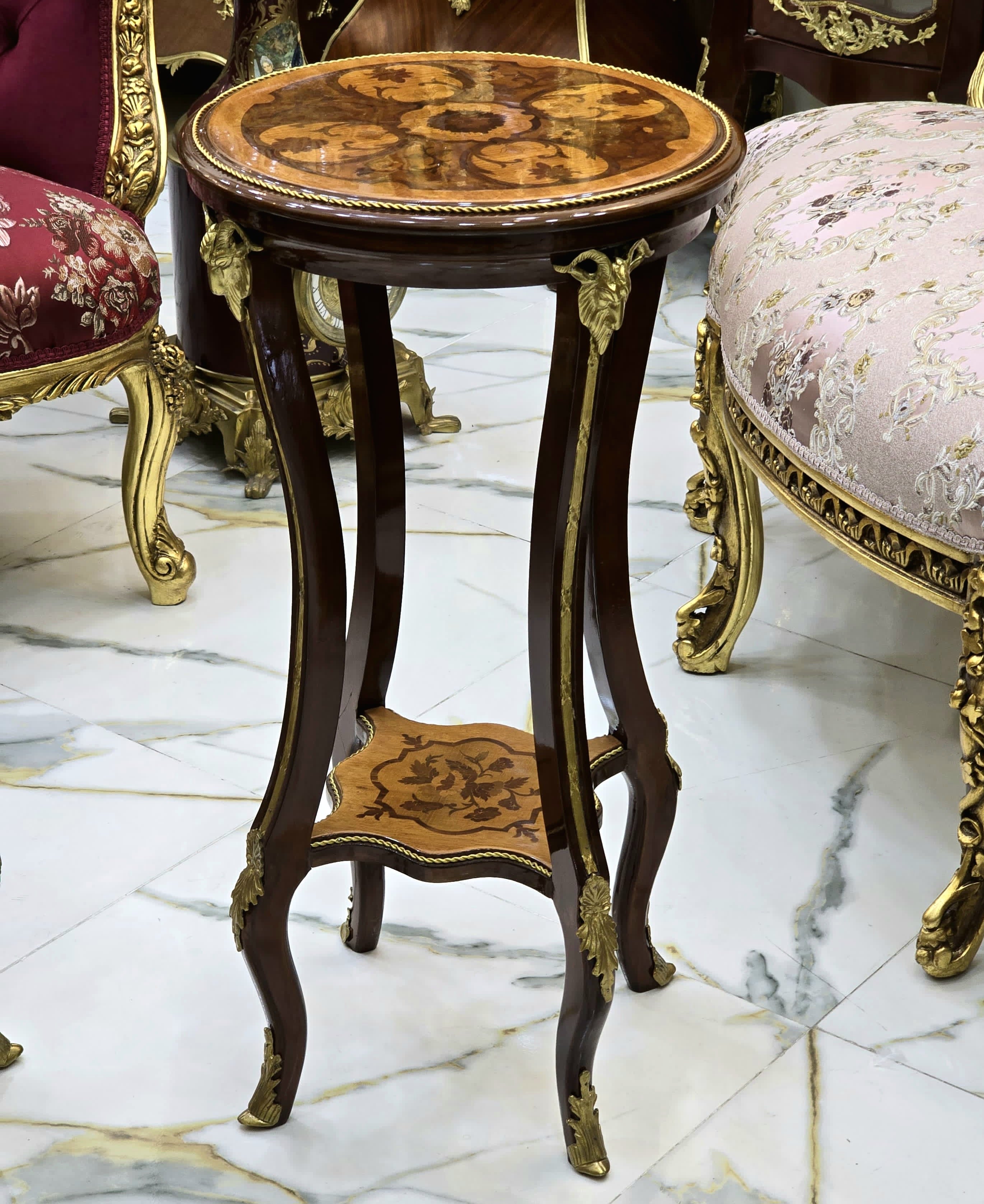 French Baroque Style Wood Side Table – Copper Finish with Gold Leaf Accents, Elegant Design