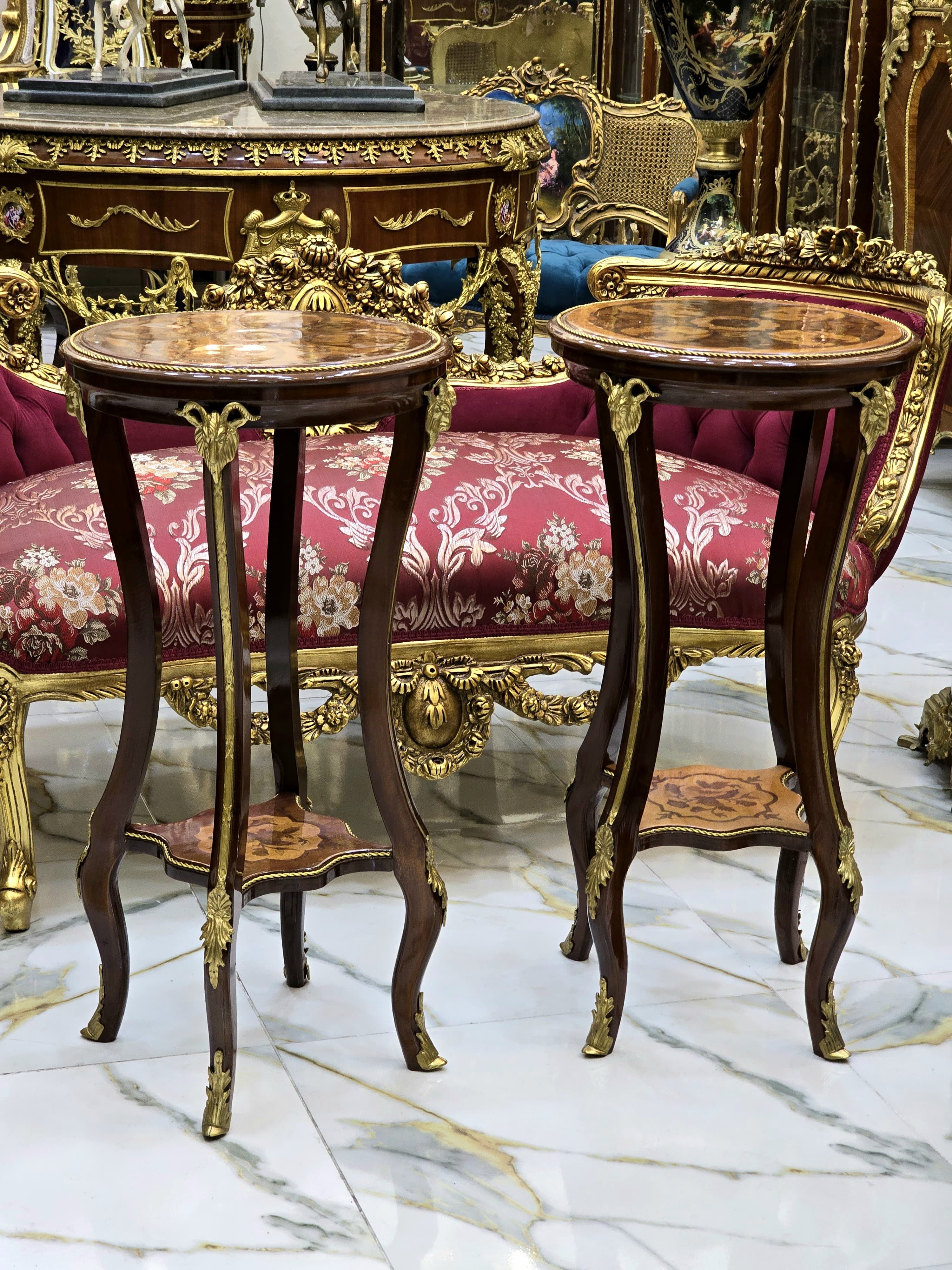 French Baroque Style Wood Side Table – Copper Finish with Gold Leaf Accents, Elegant Design