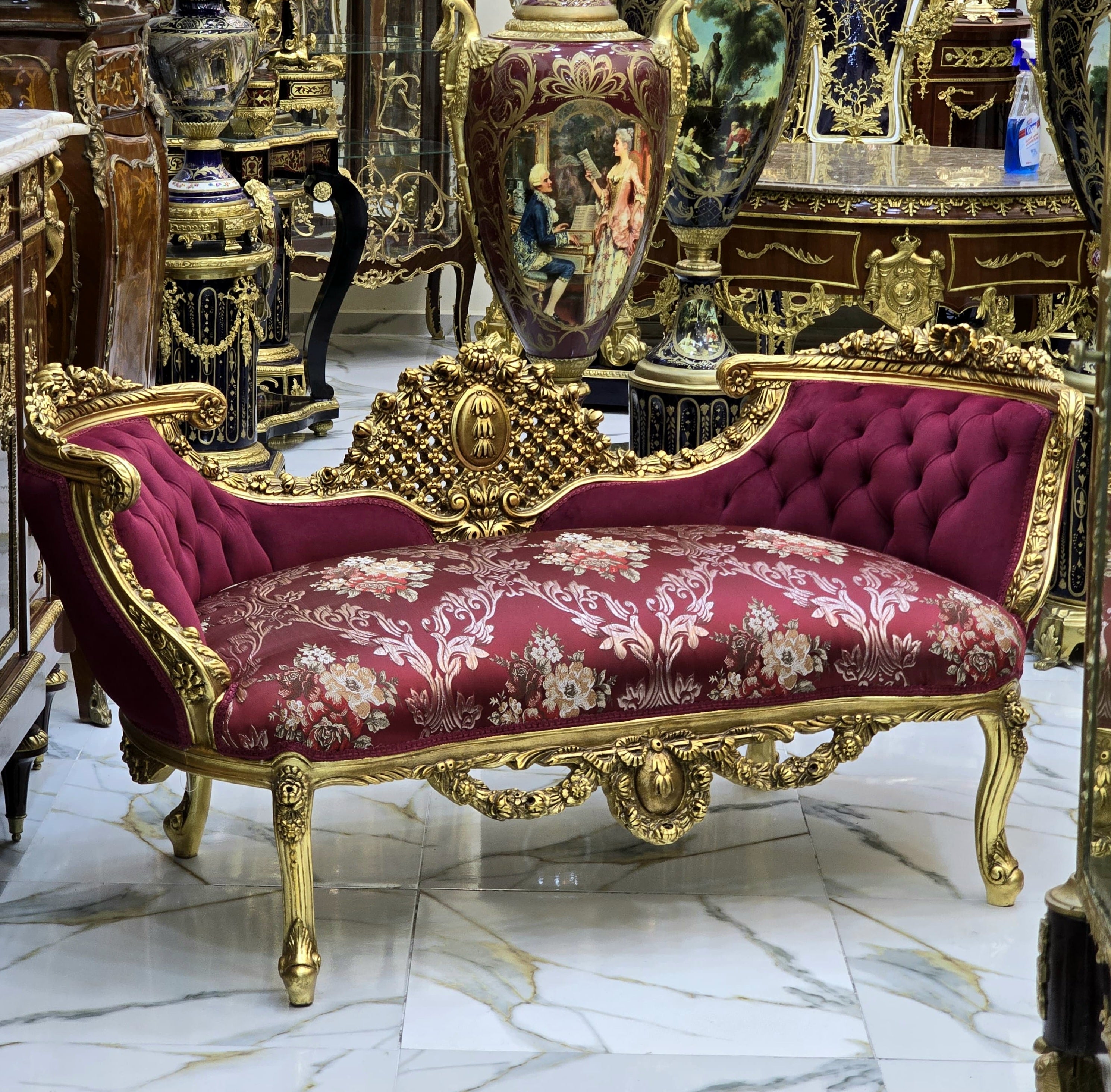 Vintage French Style Tufted Settee – Ruby Red Damask Sofa with Gold Leaf Details