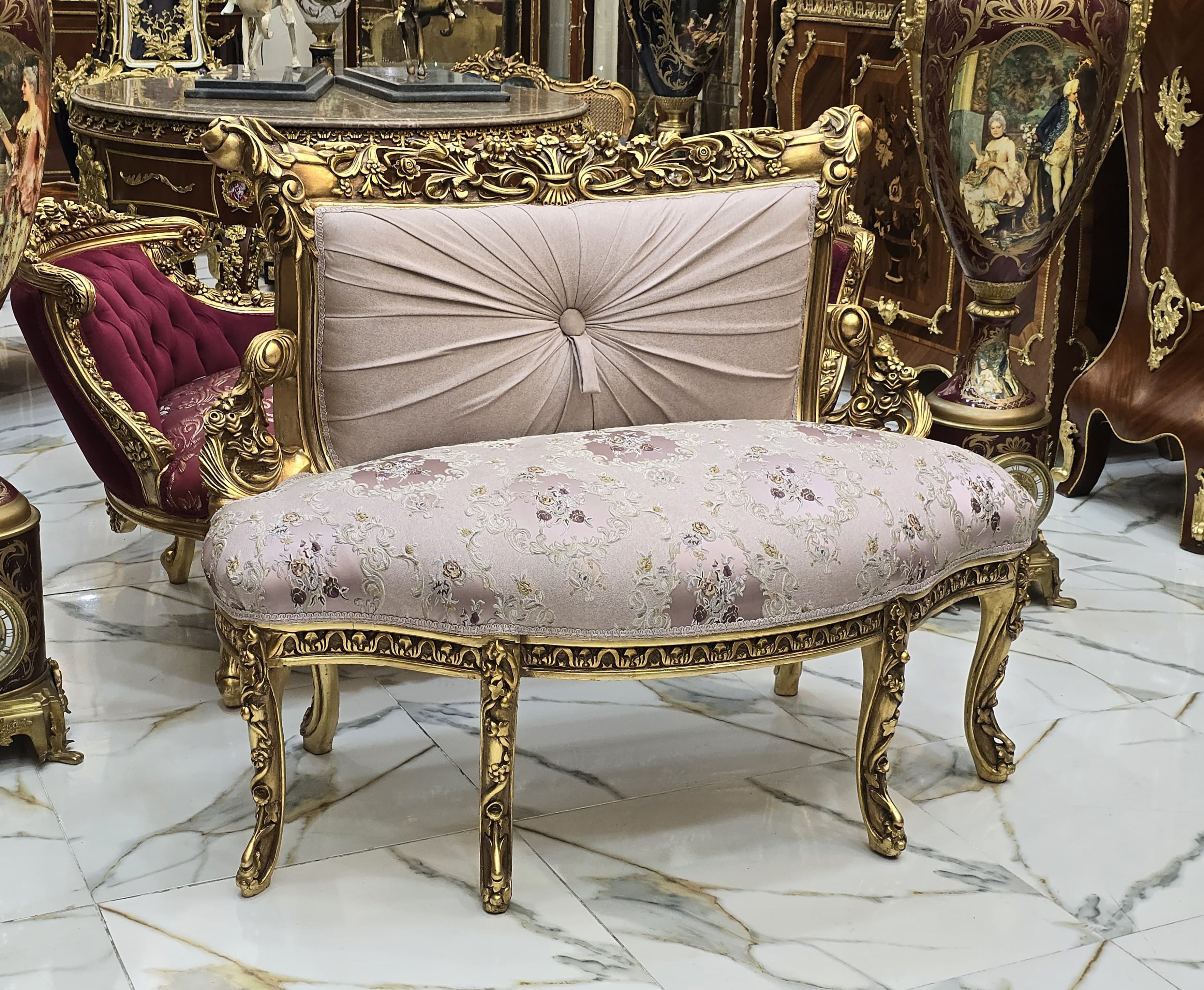 Vintage French Style Settee – Light Pink Damask Sofa with Gold Leaf Details