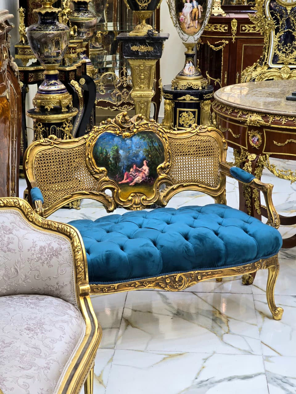 1990s French Louis XV Style Green Velvet Sofa Tufted