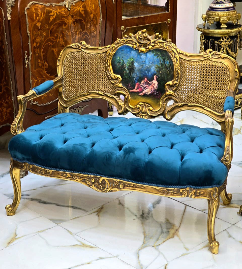 1990s French Louis XV Style Green Tufted Velvet Sofa with Gold Leaf Frame