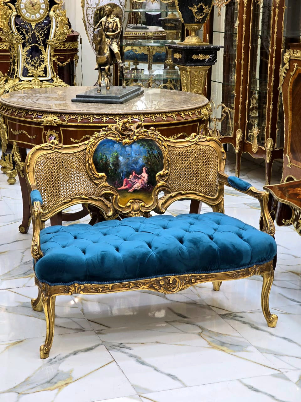 1990s French Louis XV Style Green Velvet Sofa Tufted