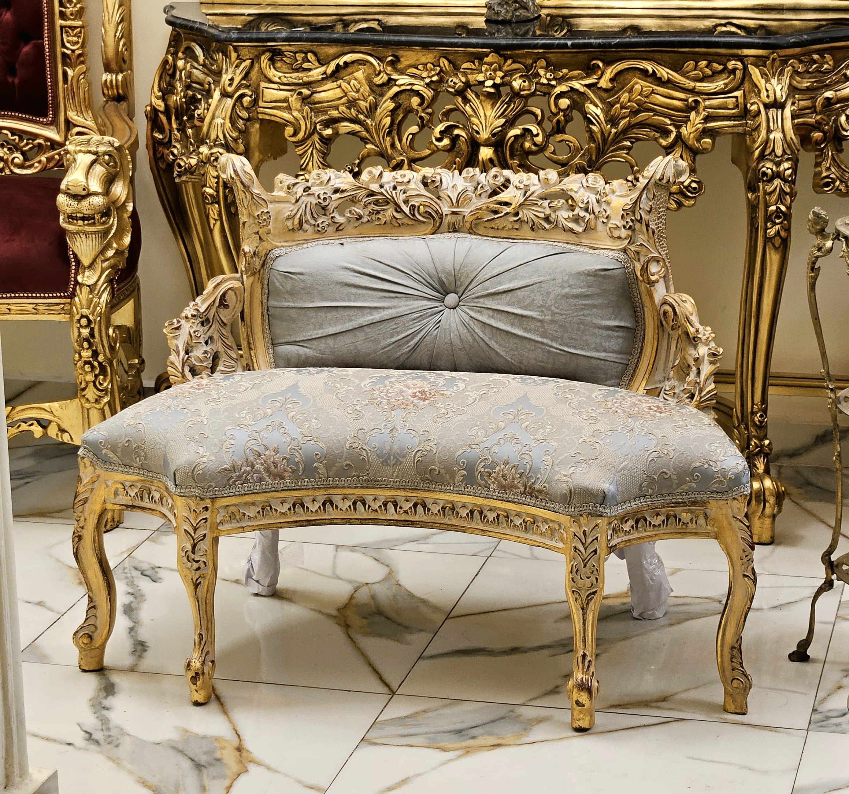 Vintage French Style Settee – Light Blue Damask Sofa with Gold Leaf Details