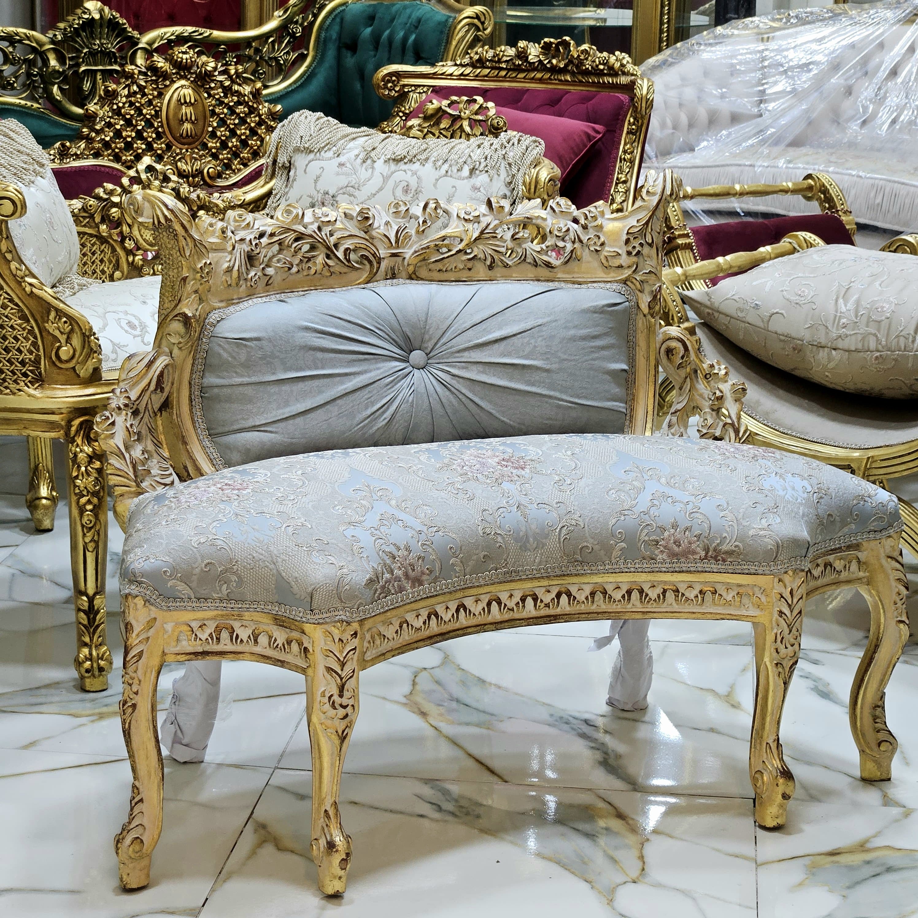 Vintage French Style Settee – Light Blue Damask Sofa with Gold Leaf Details