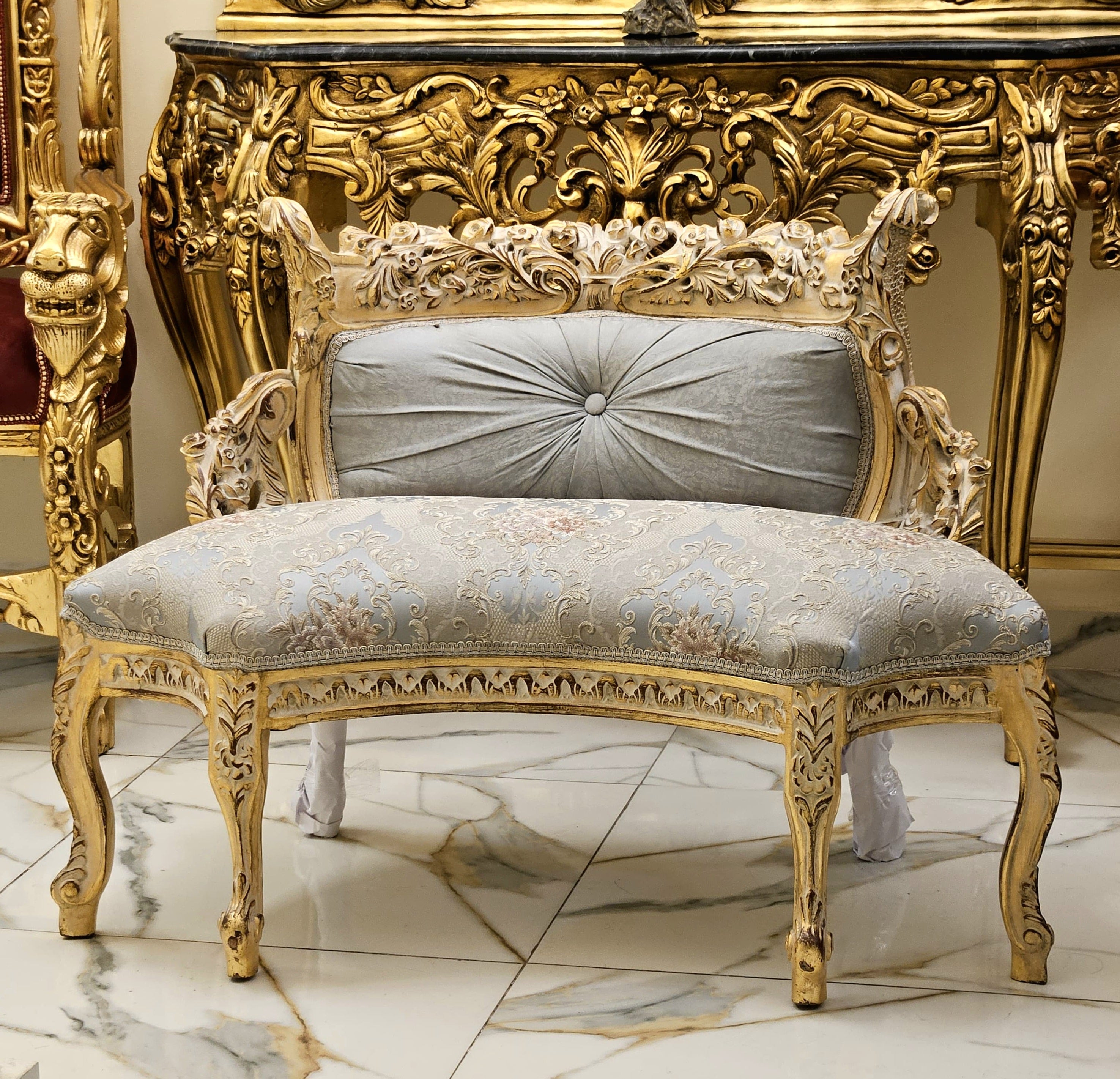 Vintage French Style Settee – Light Blue Damask Sofa with Gold Leaf Details