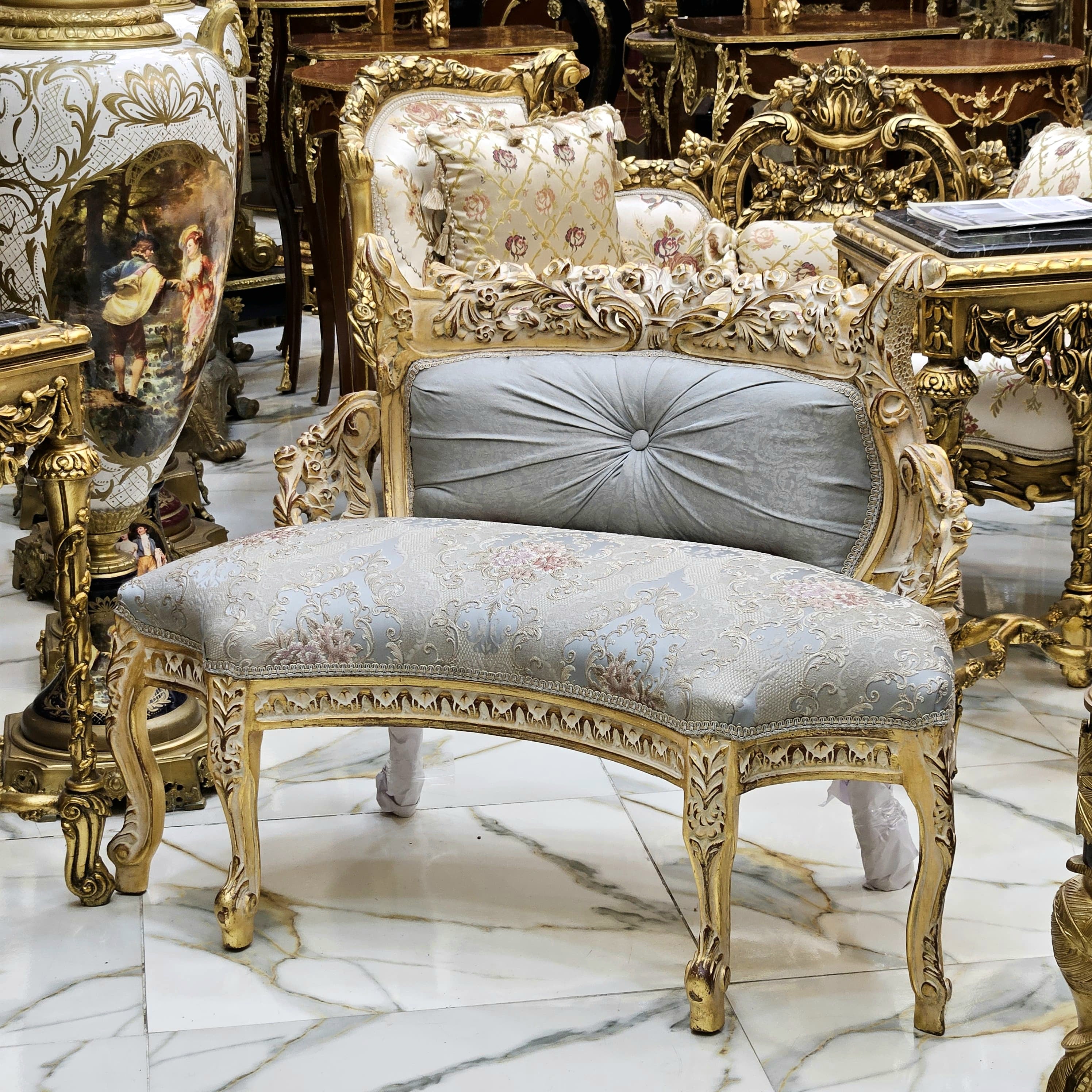 Vintage French Style Settee – Light Blue Damask Sofa with Gold Leaf Details