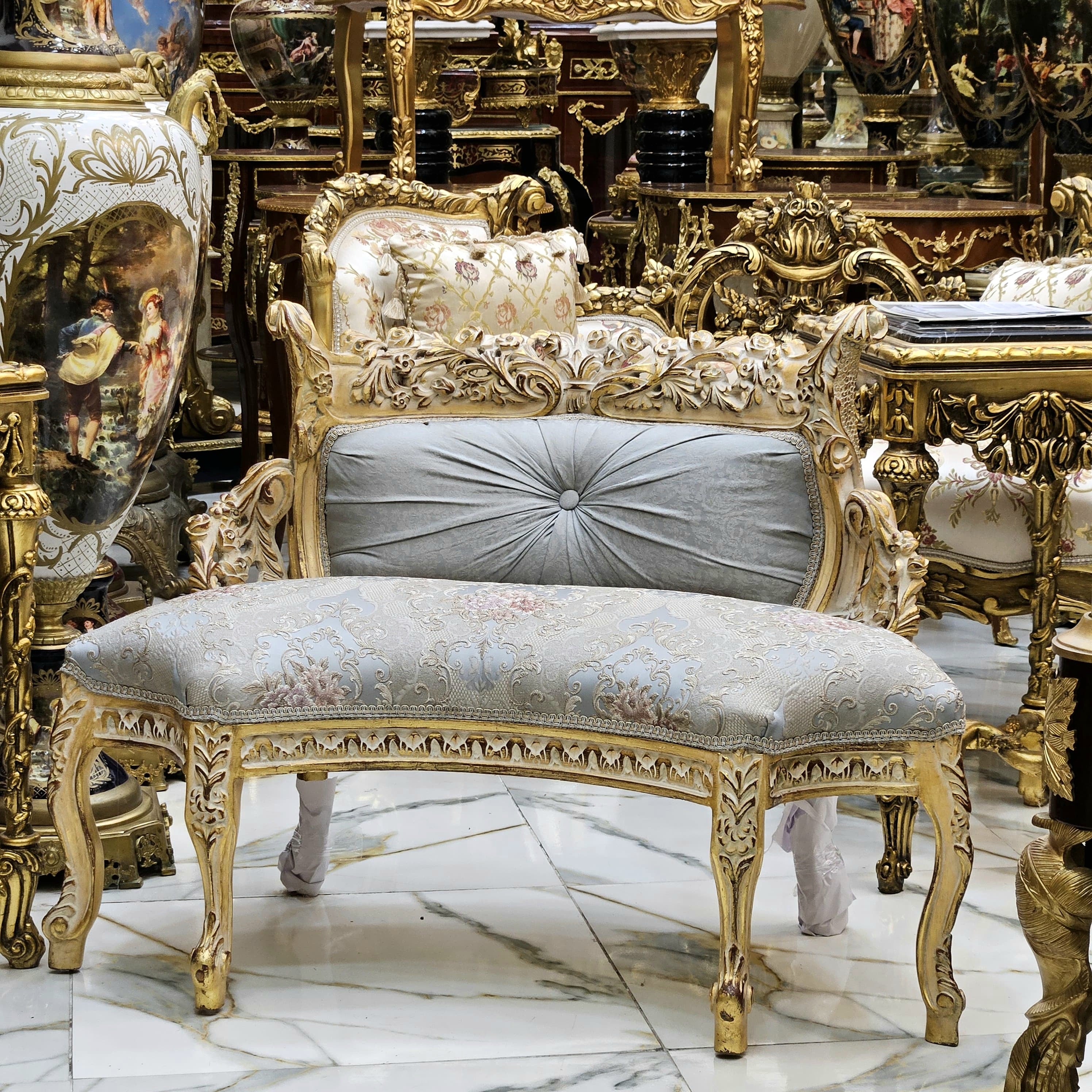 Vintage French Style Settee – Light Blue Damask Sofa with Gold Leaf Details