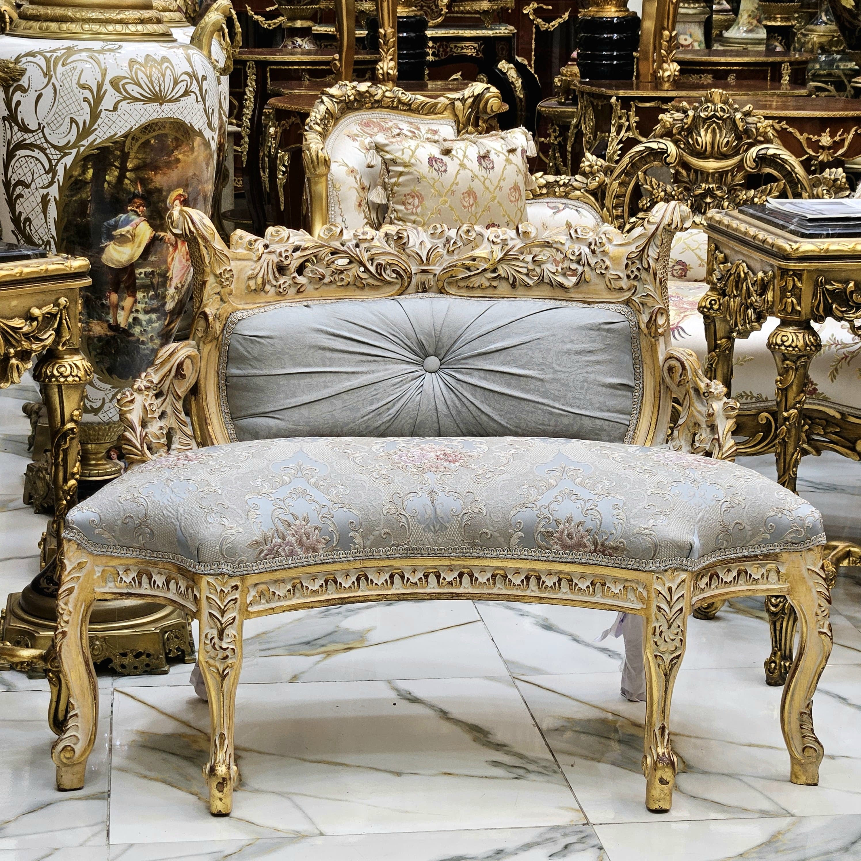 Vintage French Style Settee – Light Blue Damask Sofa with Gold Leaf Details