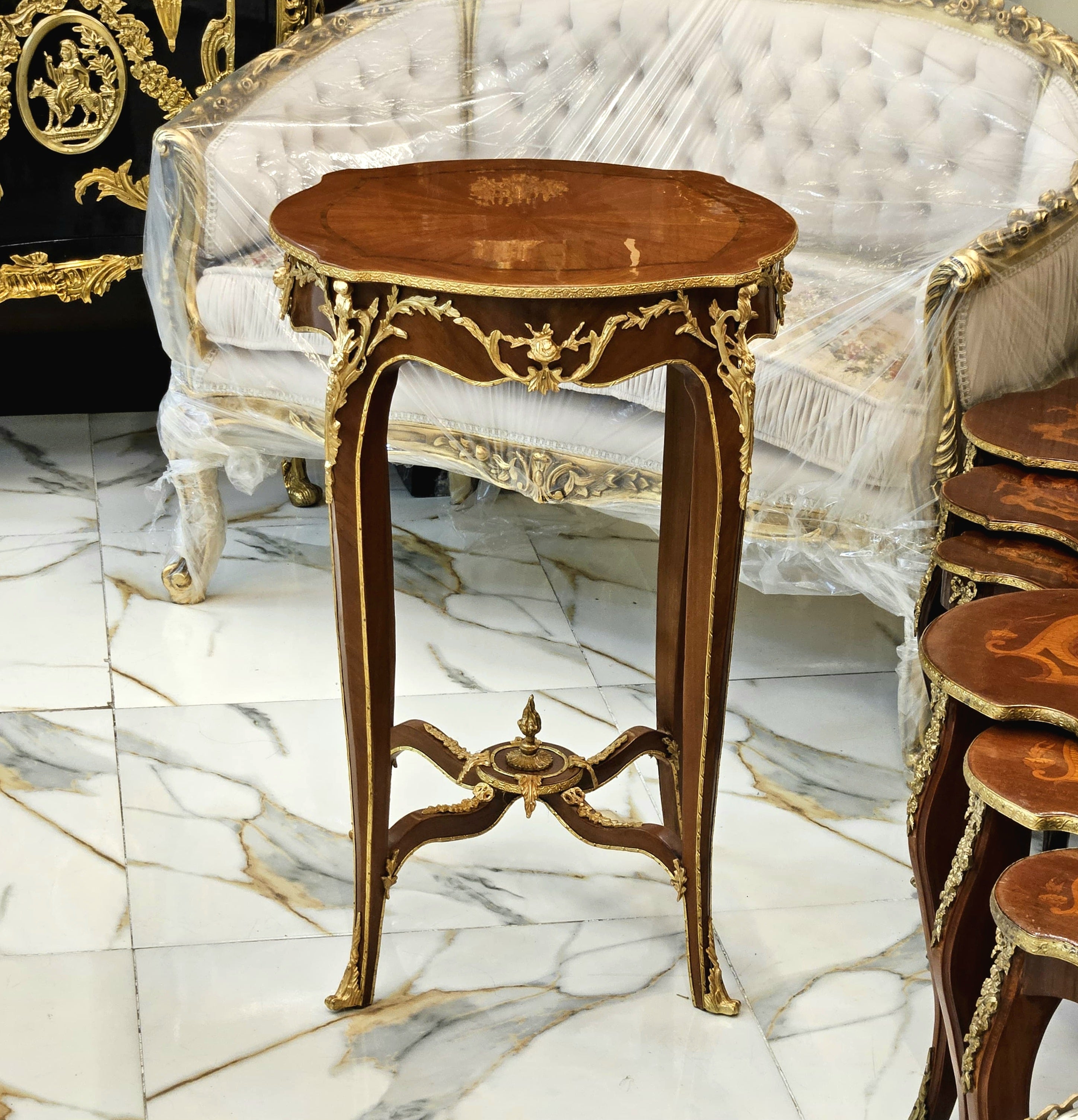 French Style Wood Side Table – Brown Finish with Gold Leaf Accents, Elegant Design