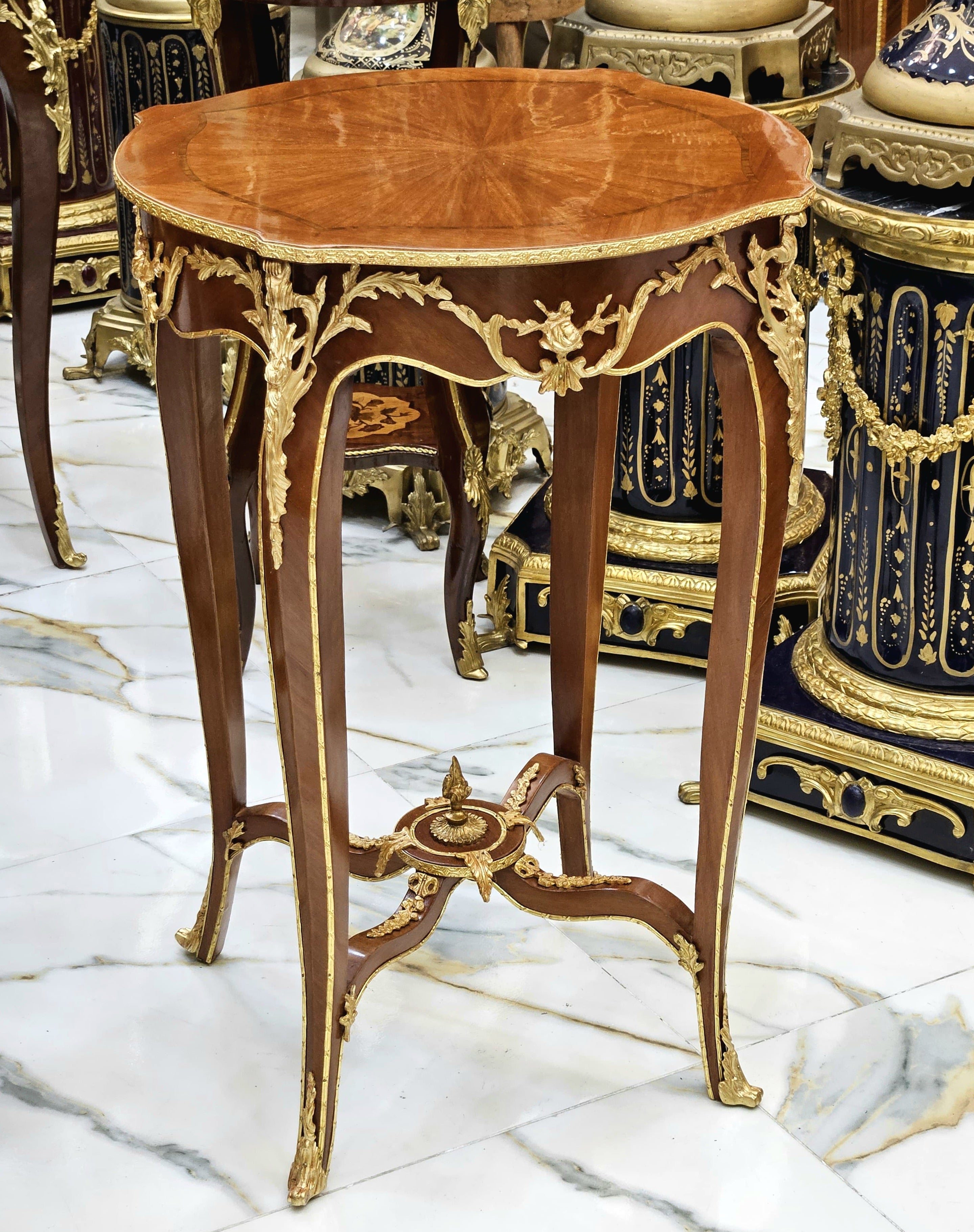 French Style Wood Side Table – Brown Finish with Gold Leaf Accents, Elegant Design