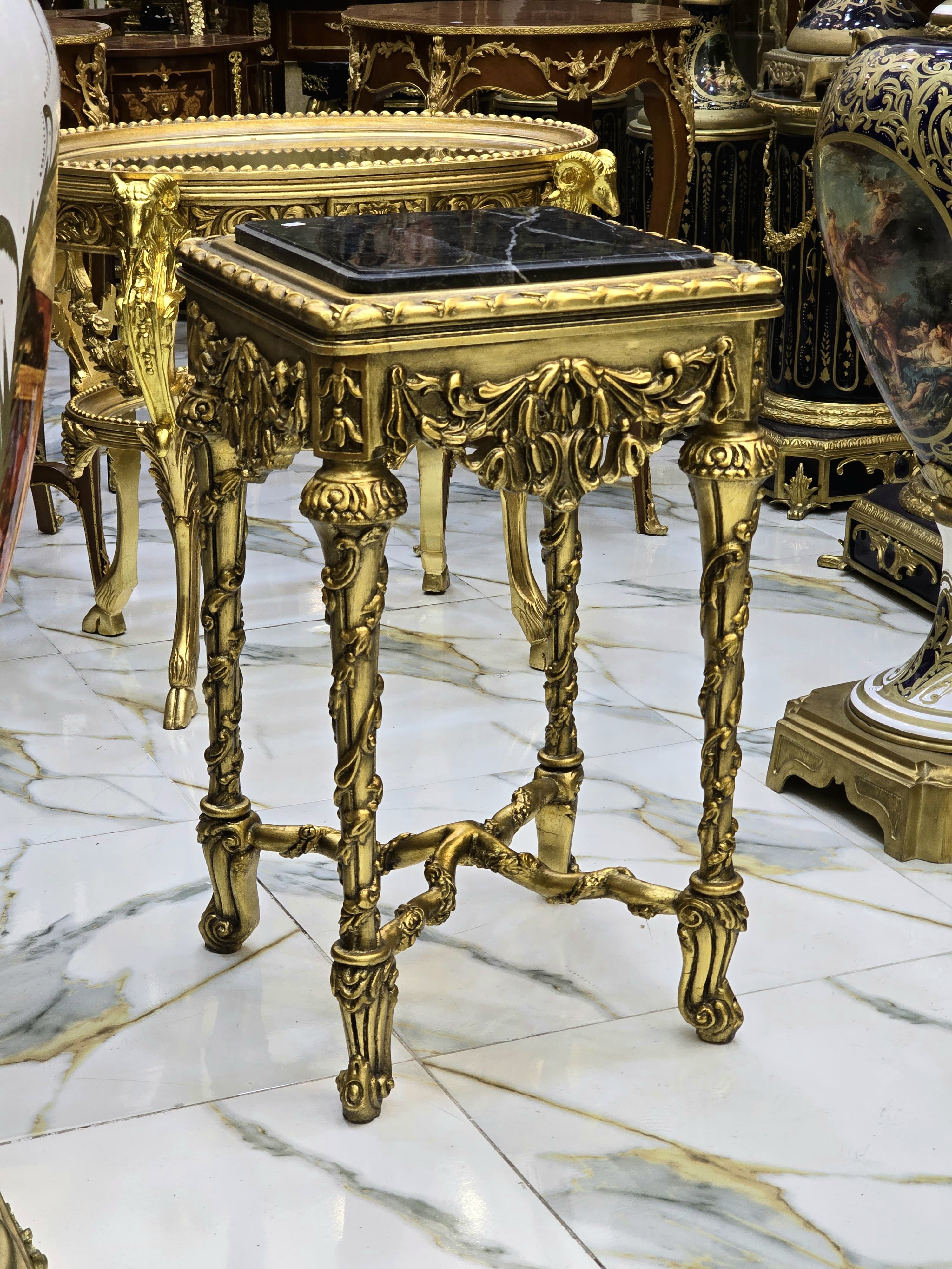 French Style Black Marble Topped Side Table – Gold Accents, Elegant Design