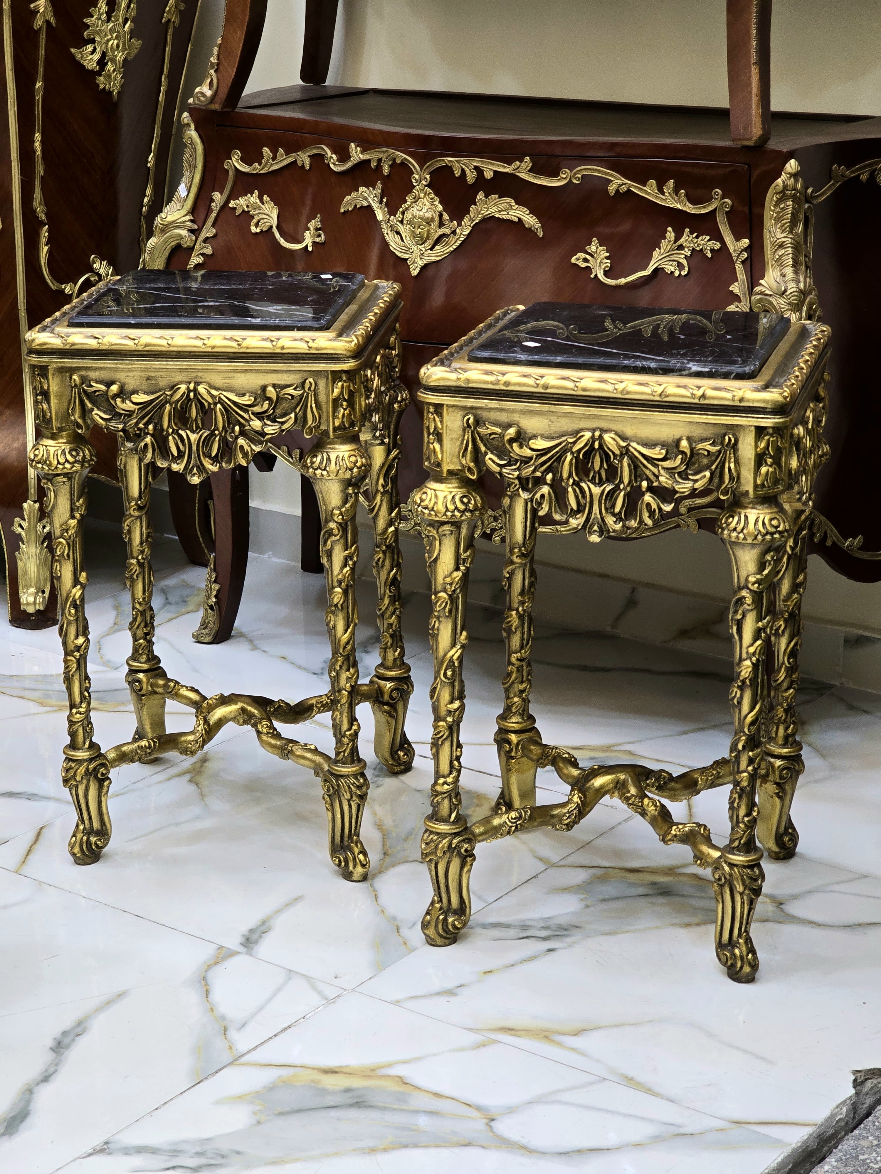 French Style Black Marble Topped Side Table – Gold Accents, Elegant Design
