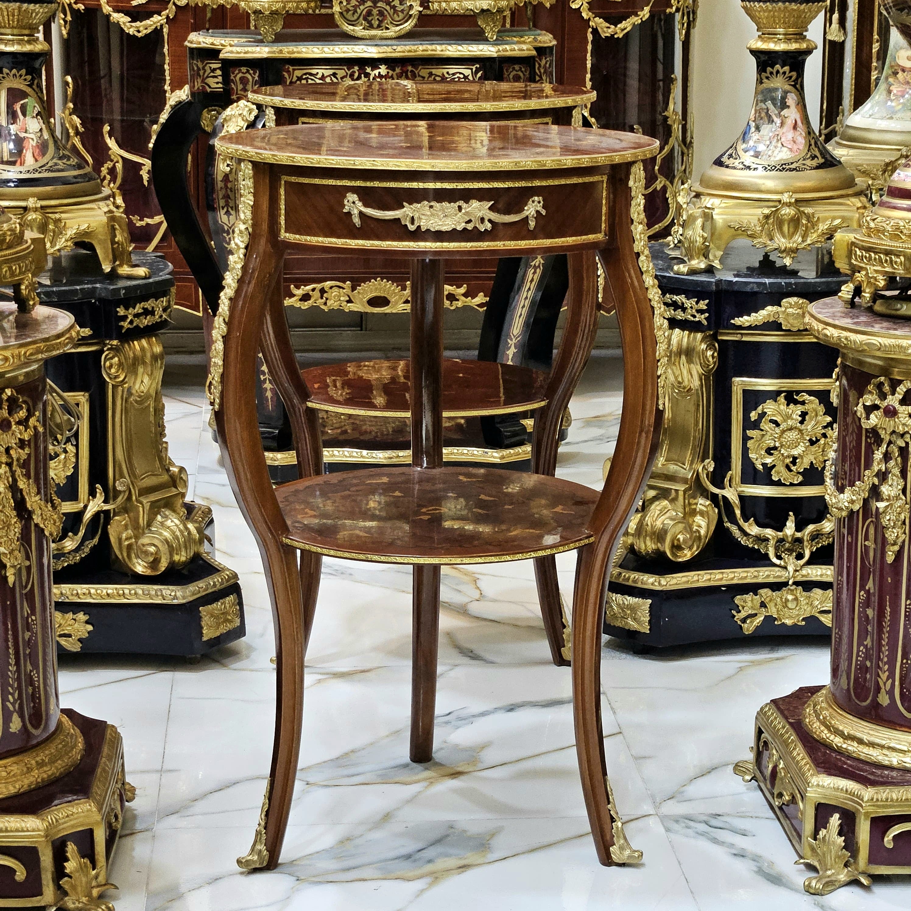French Style Wood Side Table – Copper Finish with Gold Leaf Accents, Elegant Design