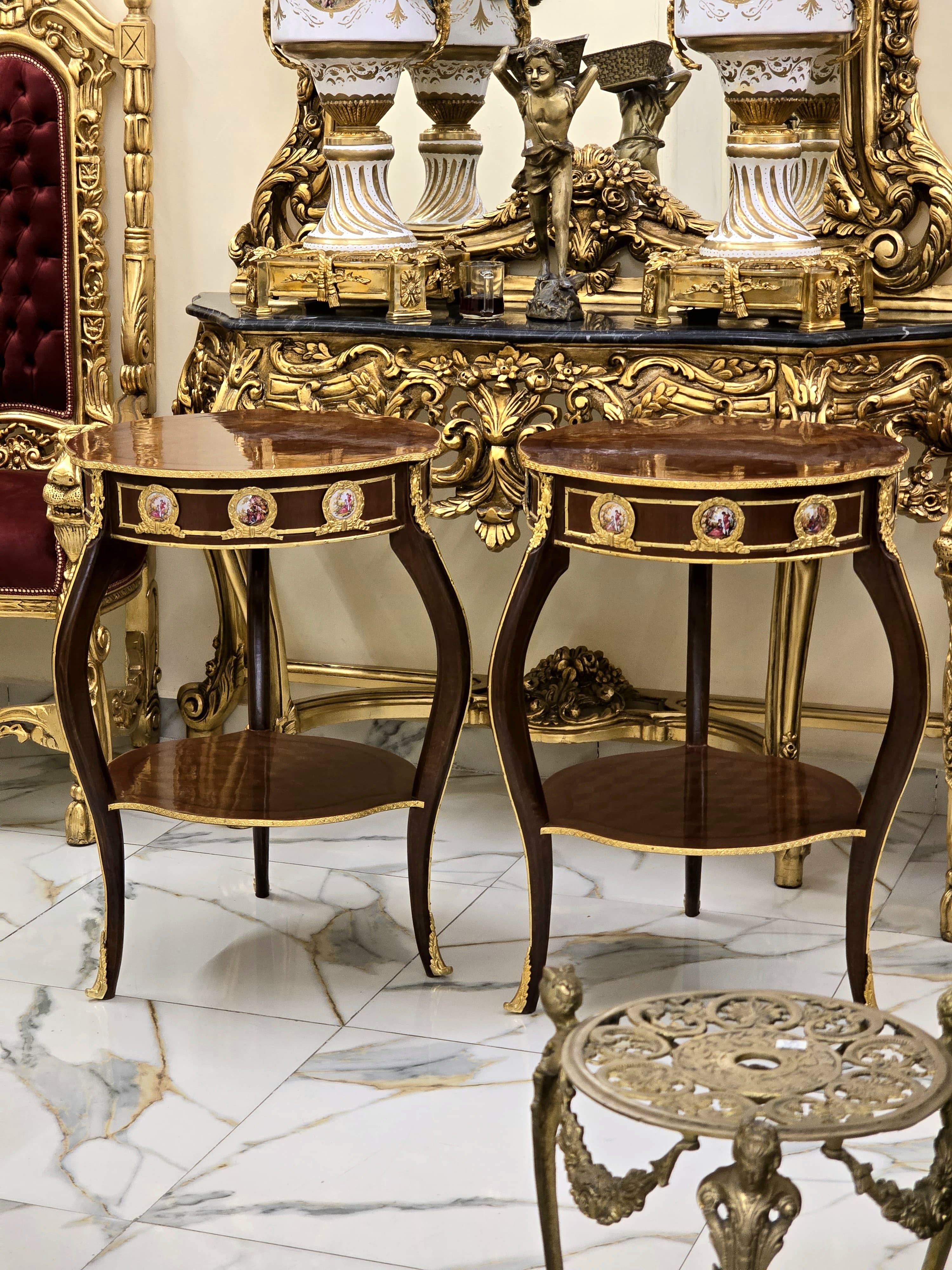 Baroque Style Wood Side Table – Copper with Gold Leaf Accents, Elegant Design