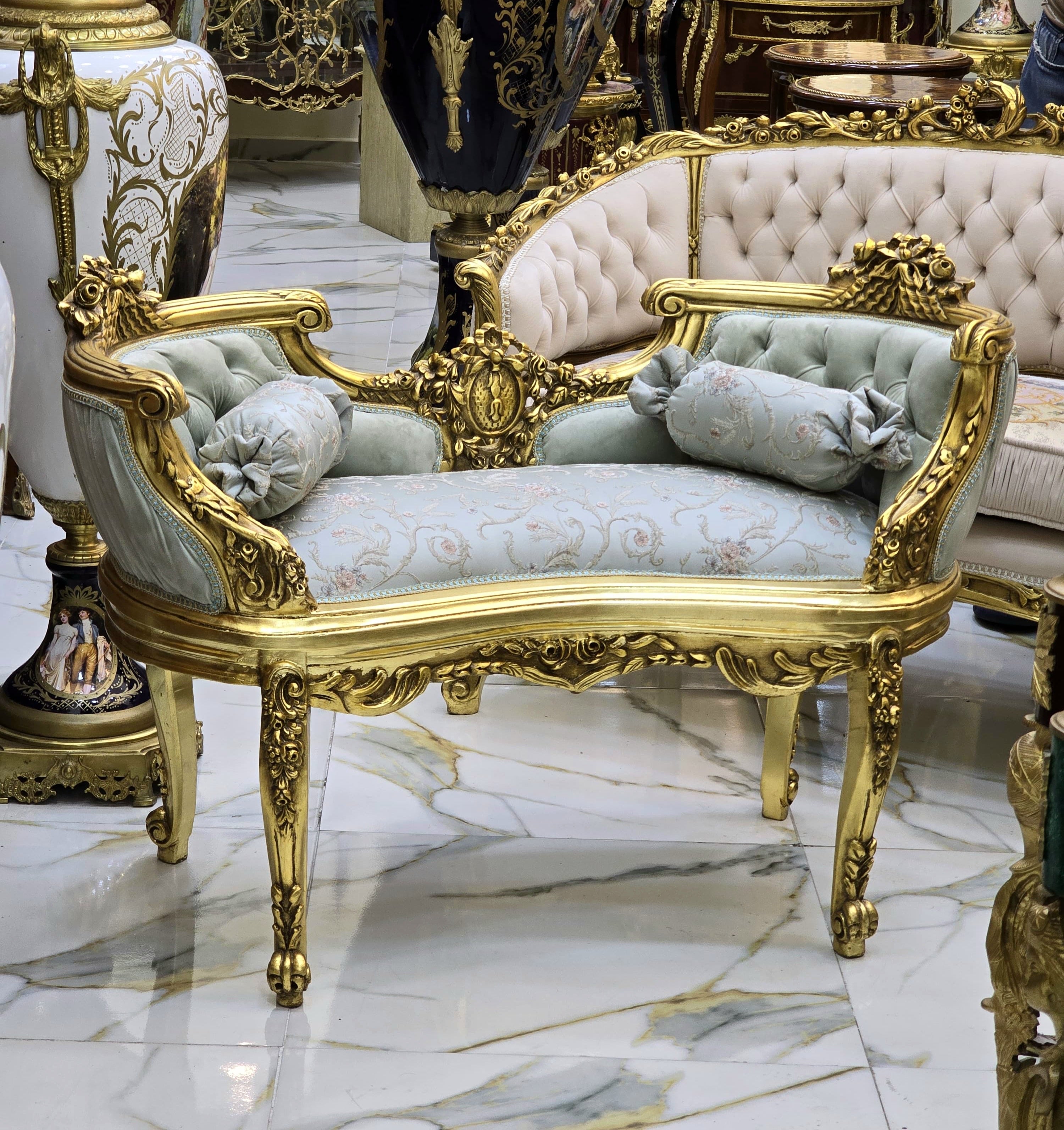 Baroque Style Bench – Light Blue Damask & White Tufted Velvet with Gold Leaf Details