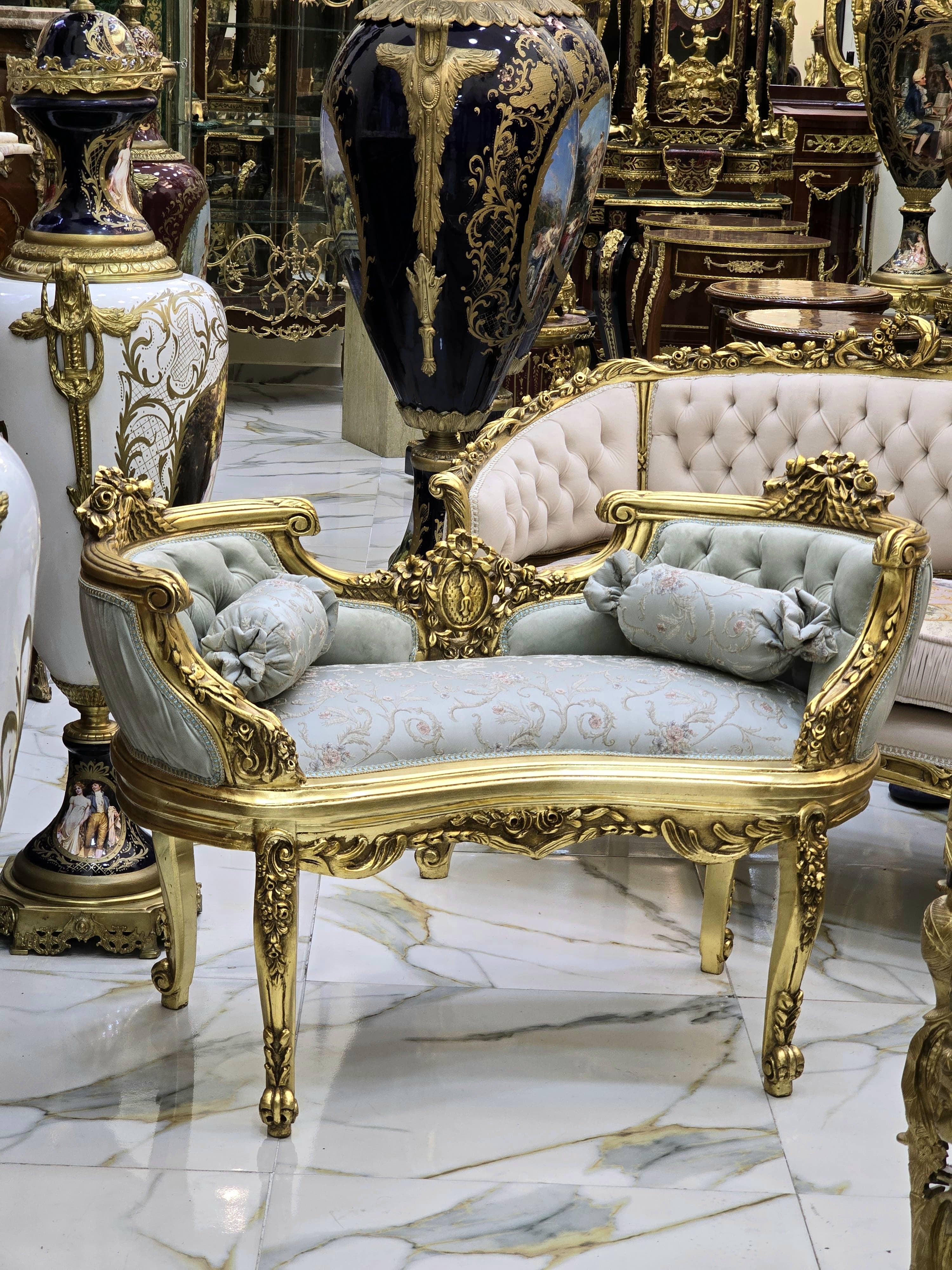 Baroque Style Bench – Light Blue Damask & White Tufted Velvet with Gold Leaf Details