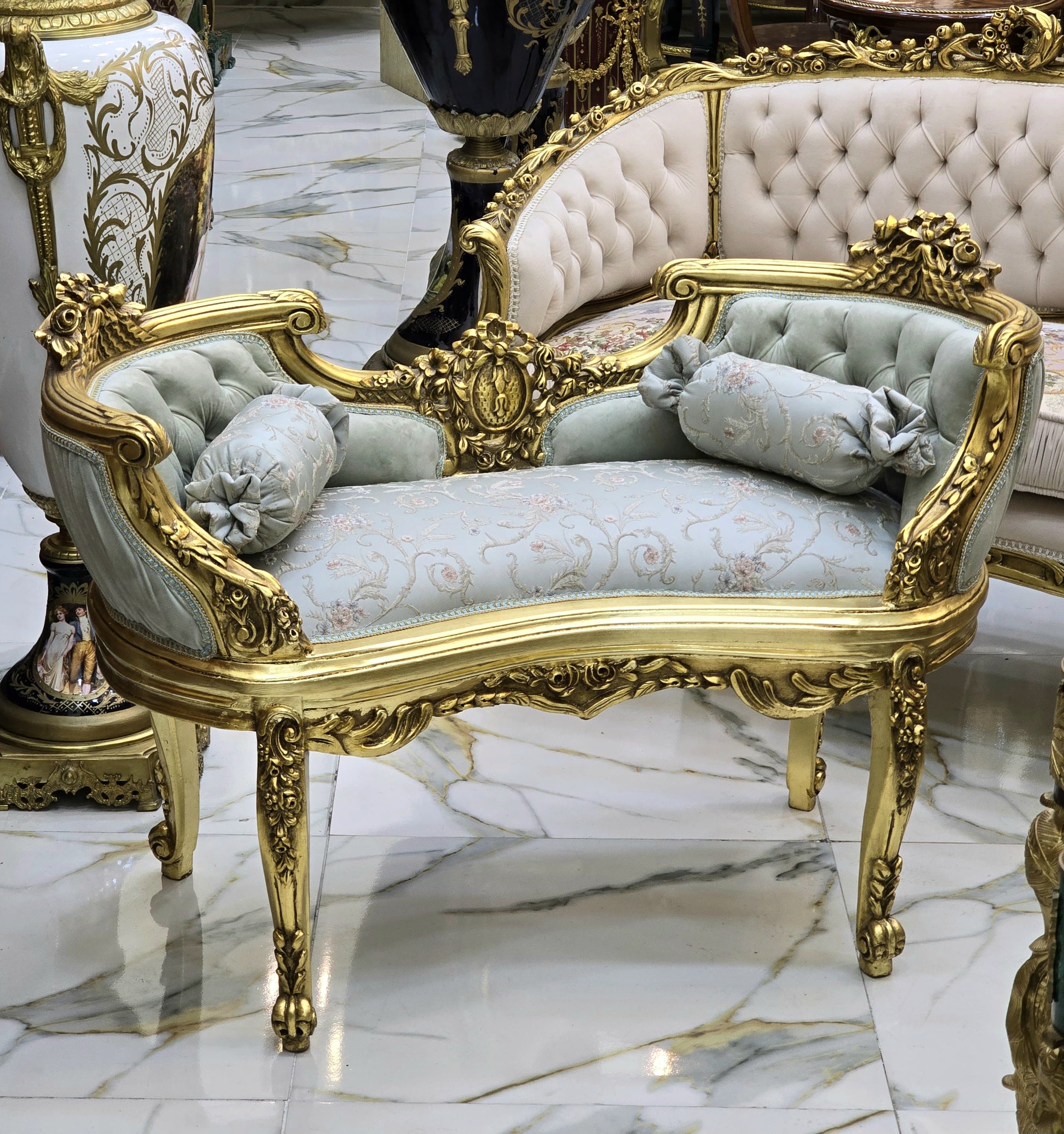 Baroque Style Bench – Light Blue Damask & White Tufted Velvet with Gold Leaf Details