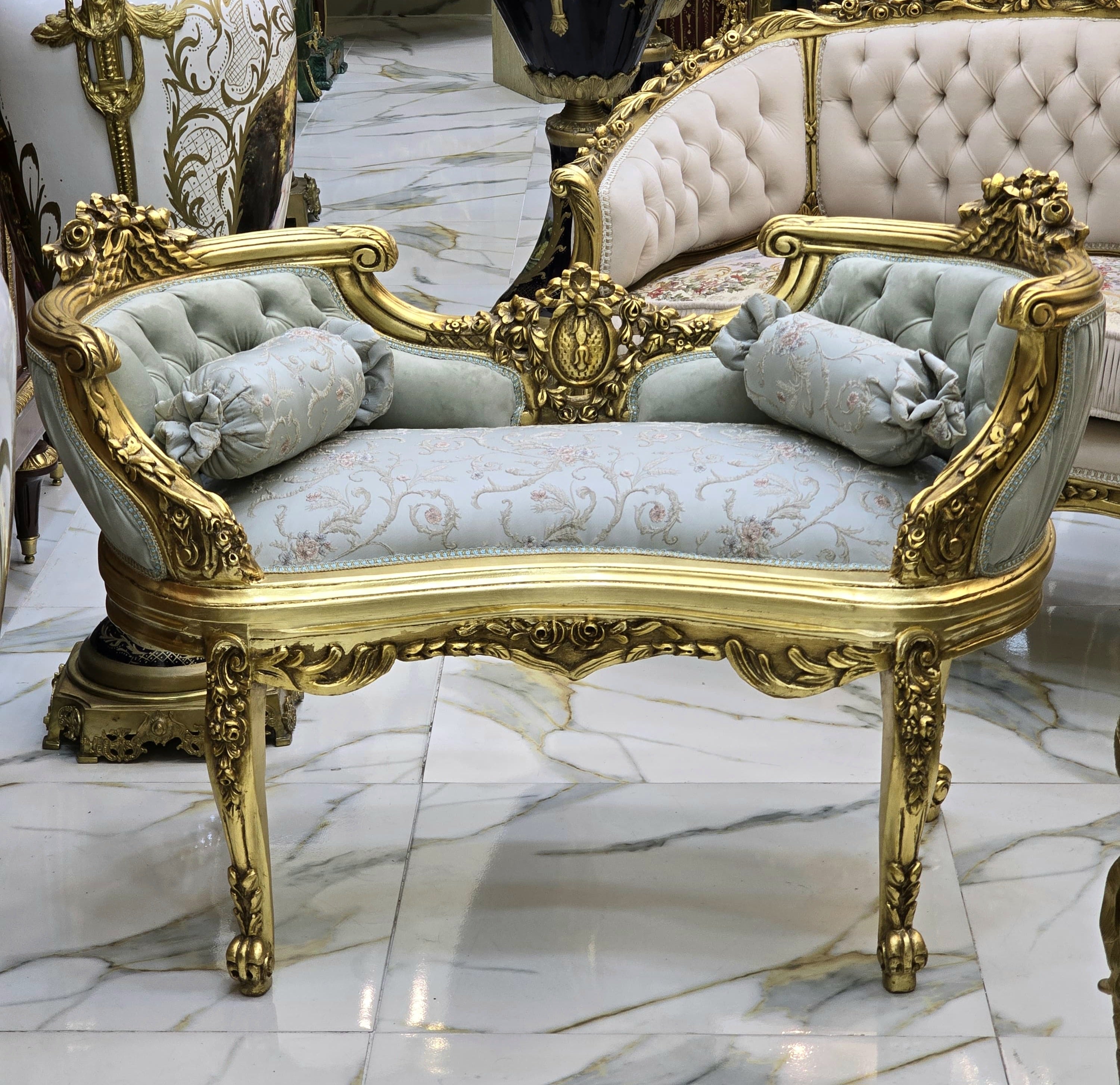 Baroque Style Bench – Light Blue Damask & White Tufted Velvet with Gold Leaf Details