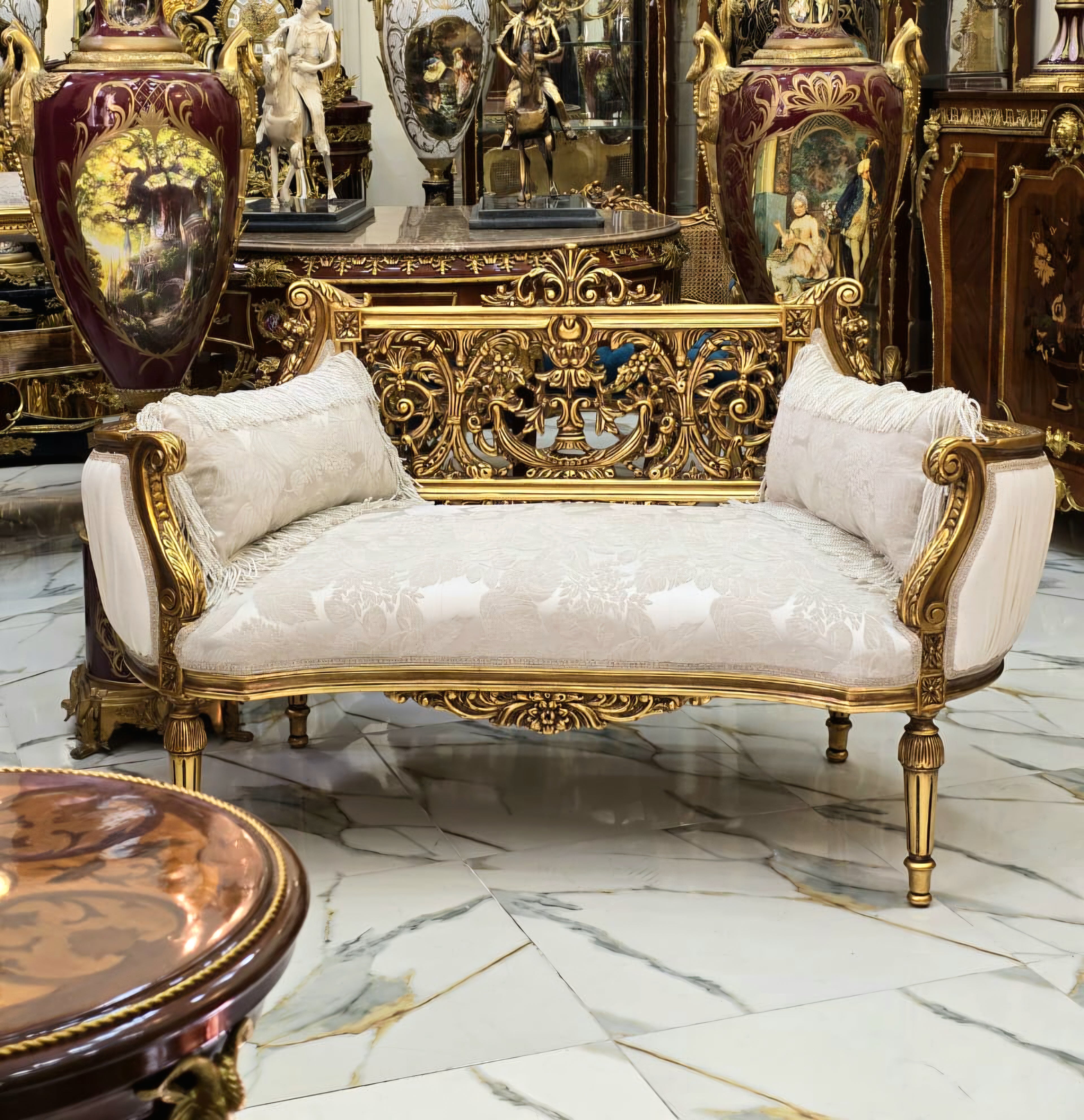 Vintage French Style Settee – Antique White Damask Sofa with Gold Leaf Details