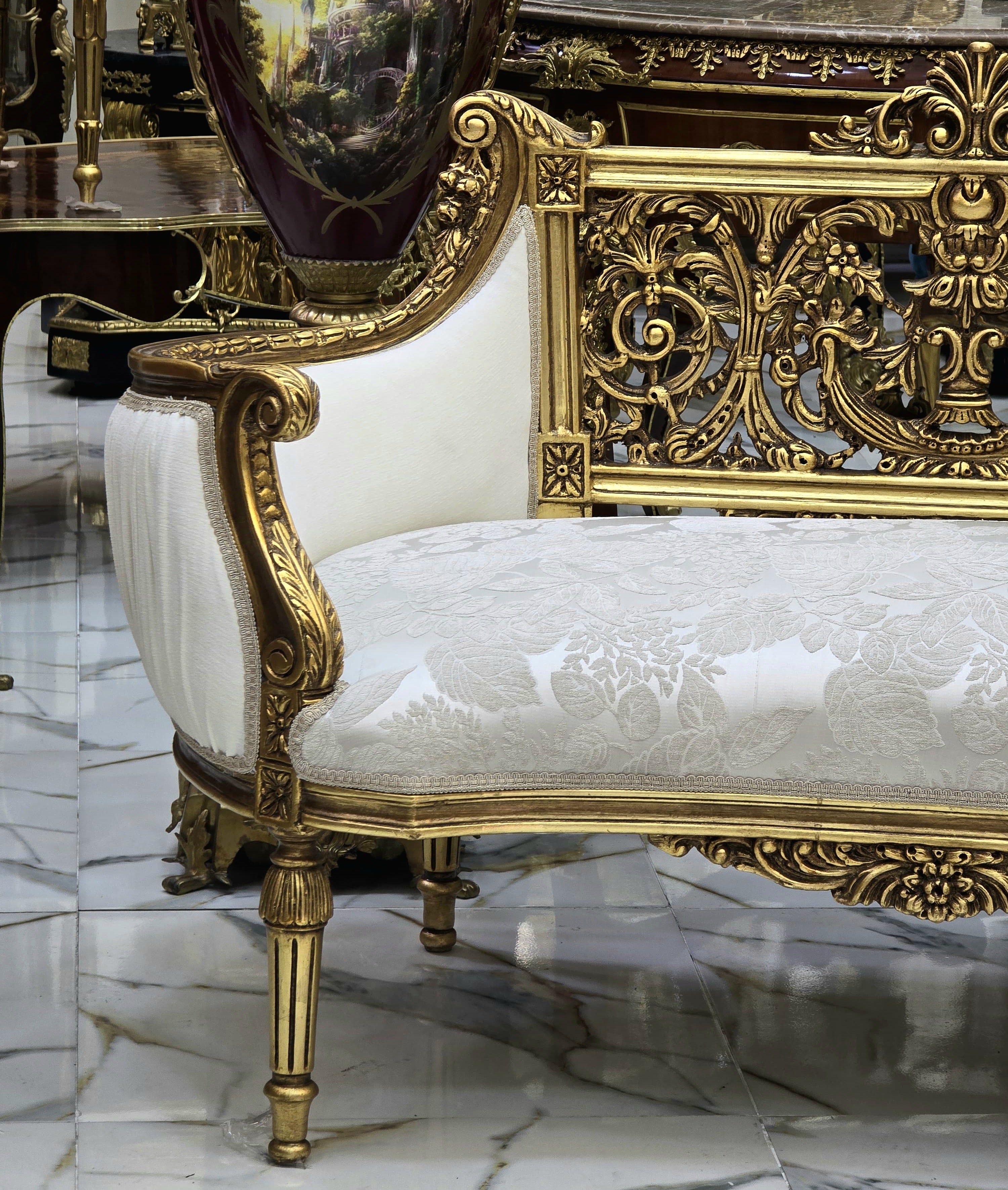 Vintage French Style Settee – Antique White Damask Sofa with Gold Leaf Details