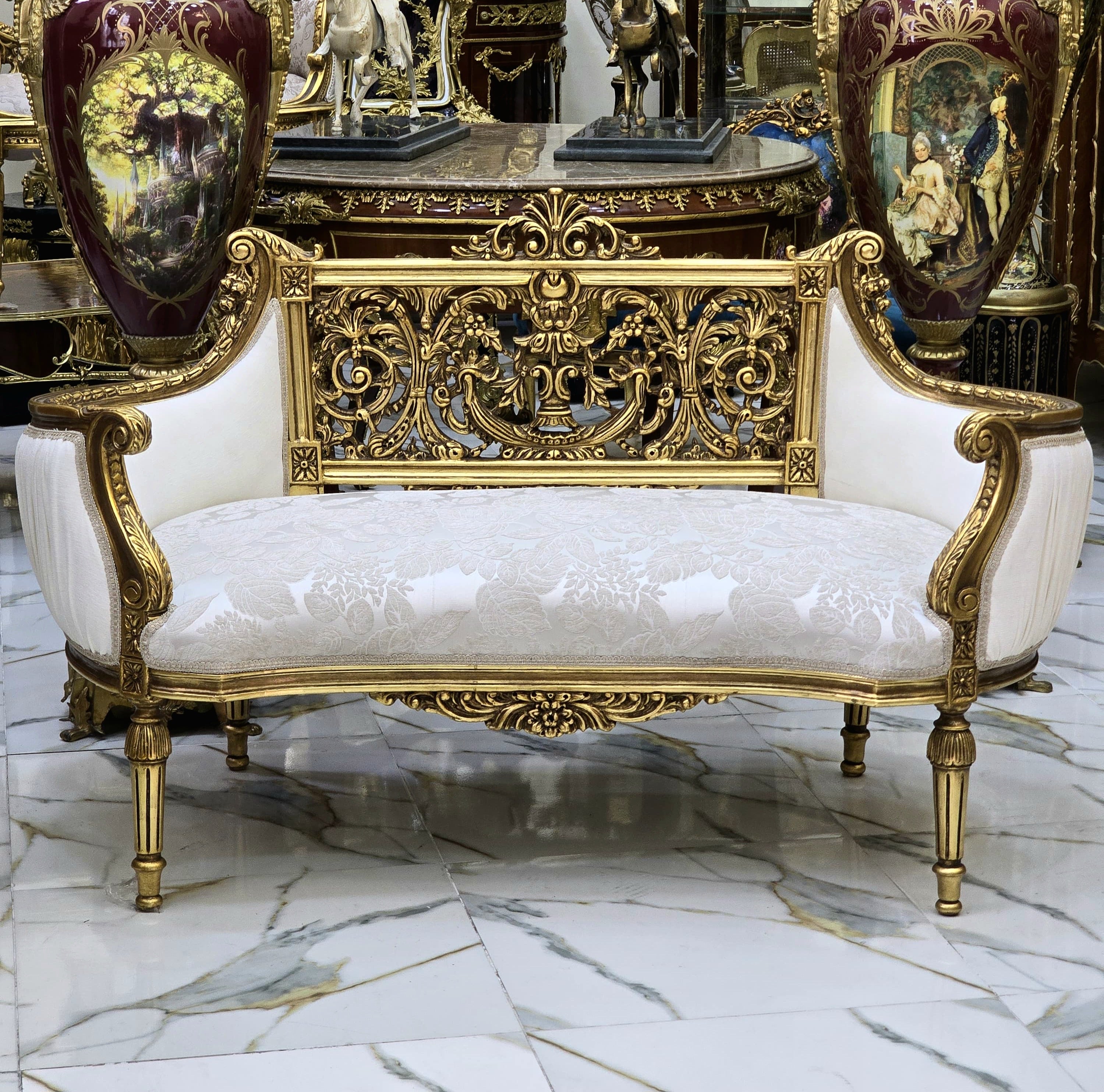 Vintage French Style Settee – Antique White Damask Sofa with Gold Leaf Details