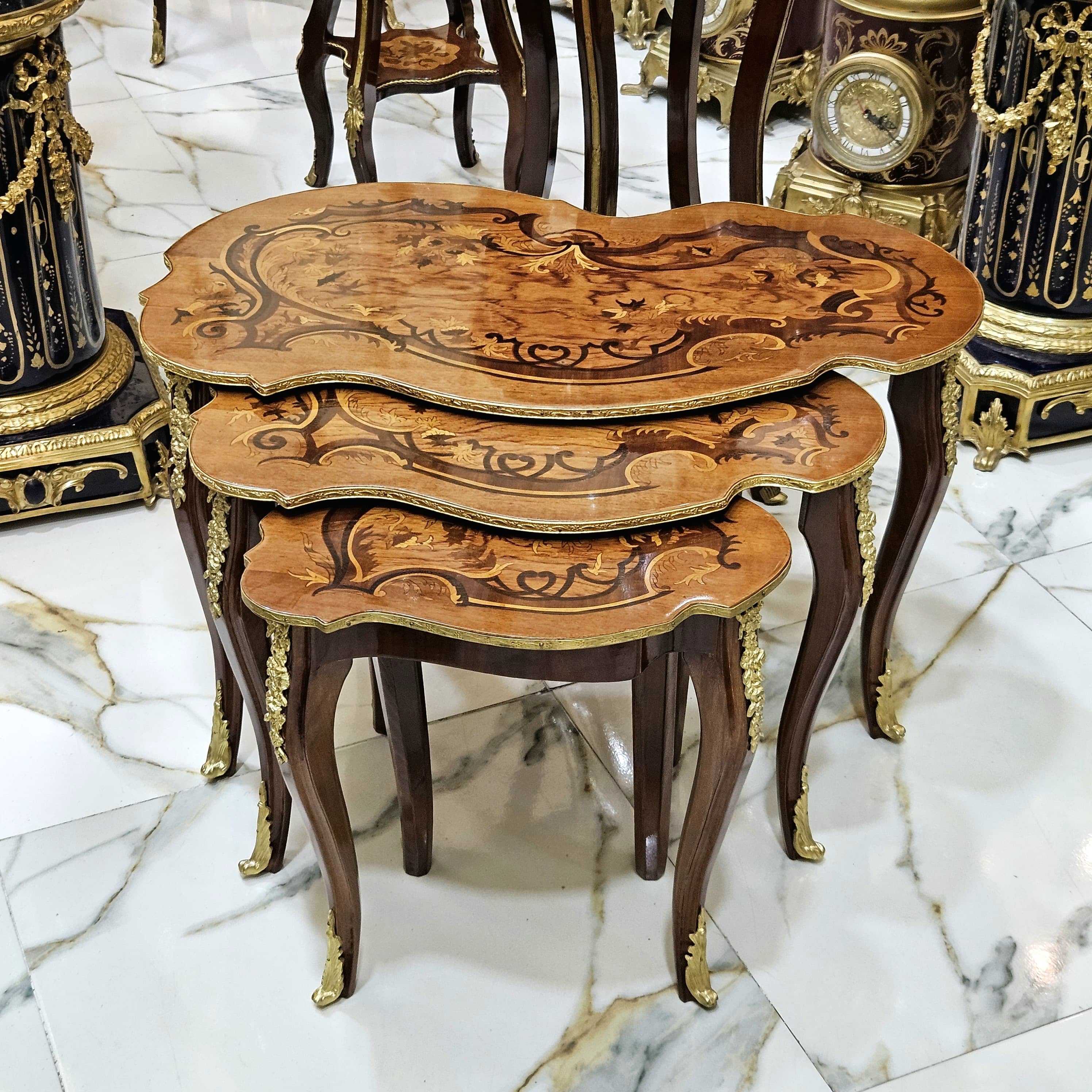 French Louis XV Style Wood Nesting Tables – Gold Accents with Floral Parquetry, Elegant Design (Set of 3)