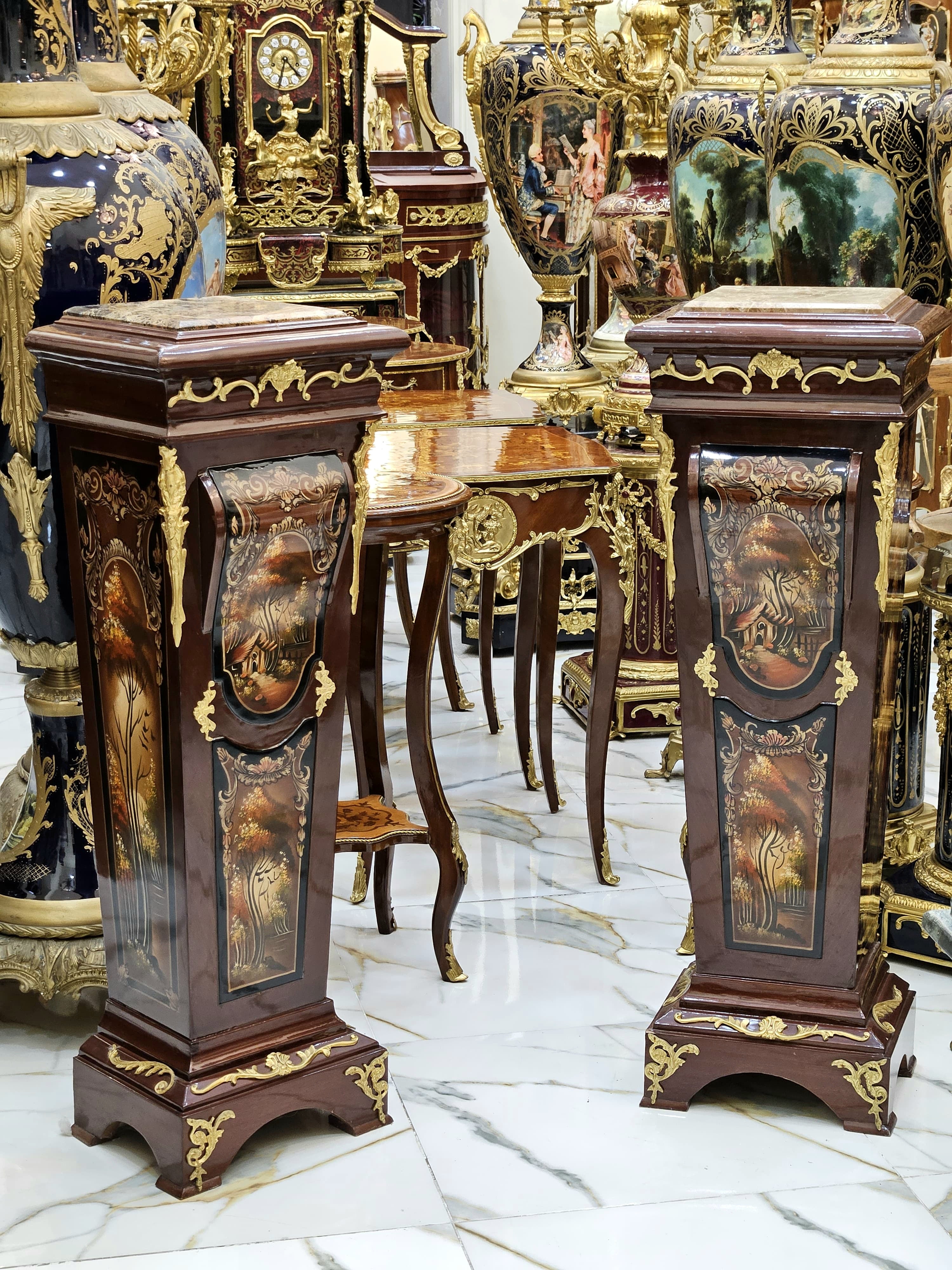 Rococo Style Pedestal Column Set Timeless Marble Topped