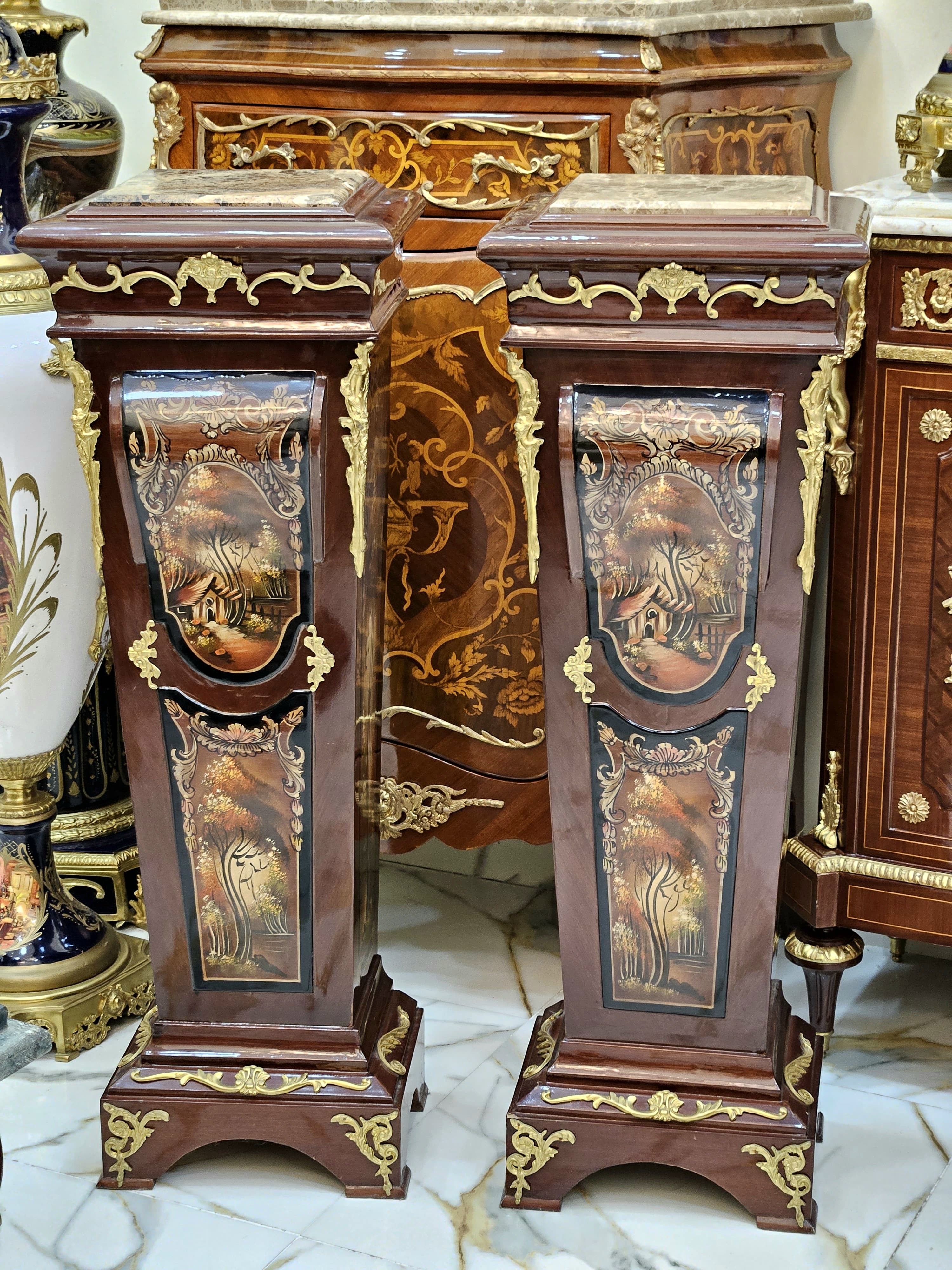 Rococo Style Pedestal Column Set Timeless Marble Topped