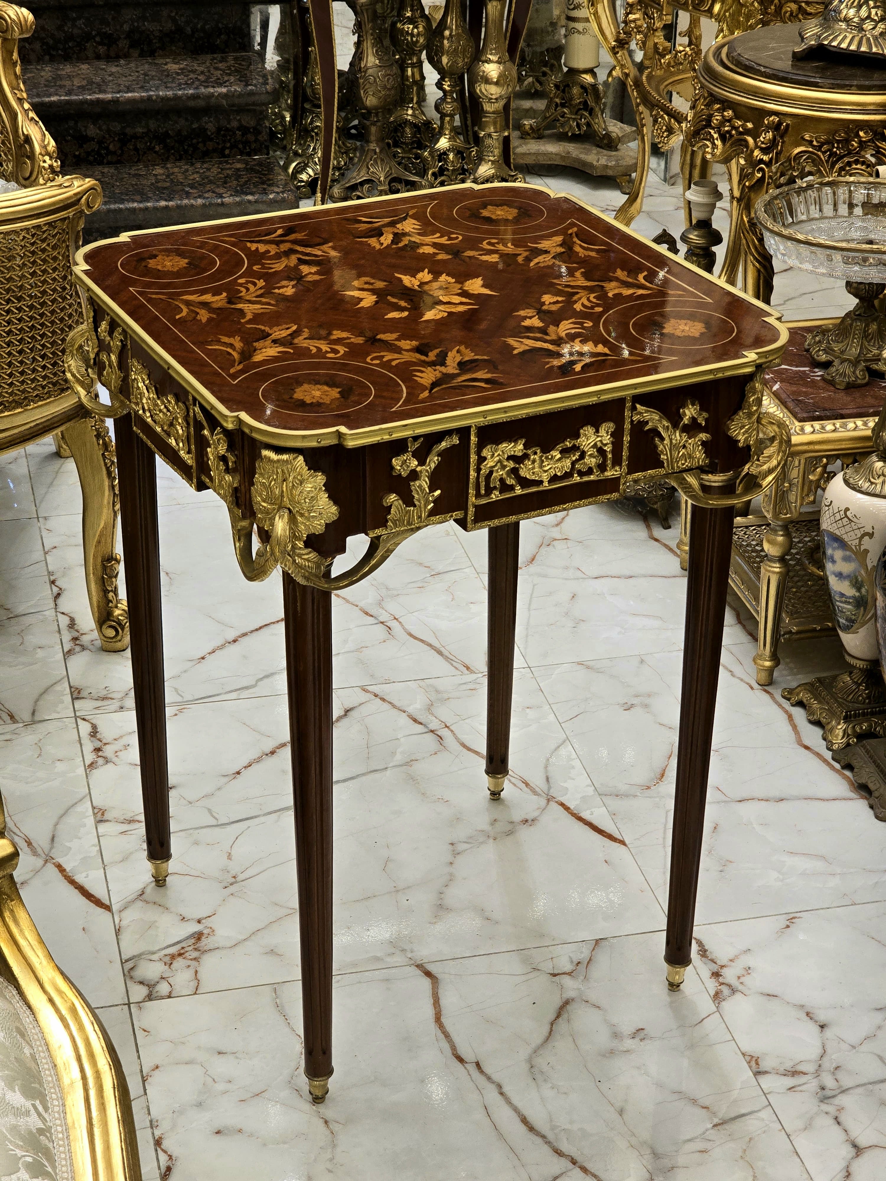 Italian Style Side Table – Gold Leaf Accents on Wood, Elegant Design (30” H x 22” W x 22” L).