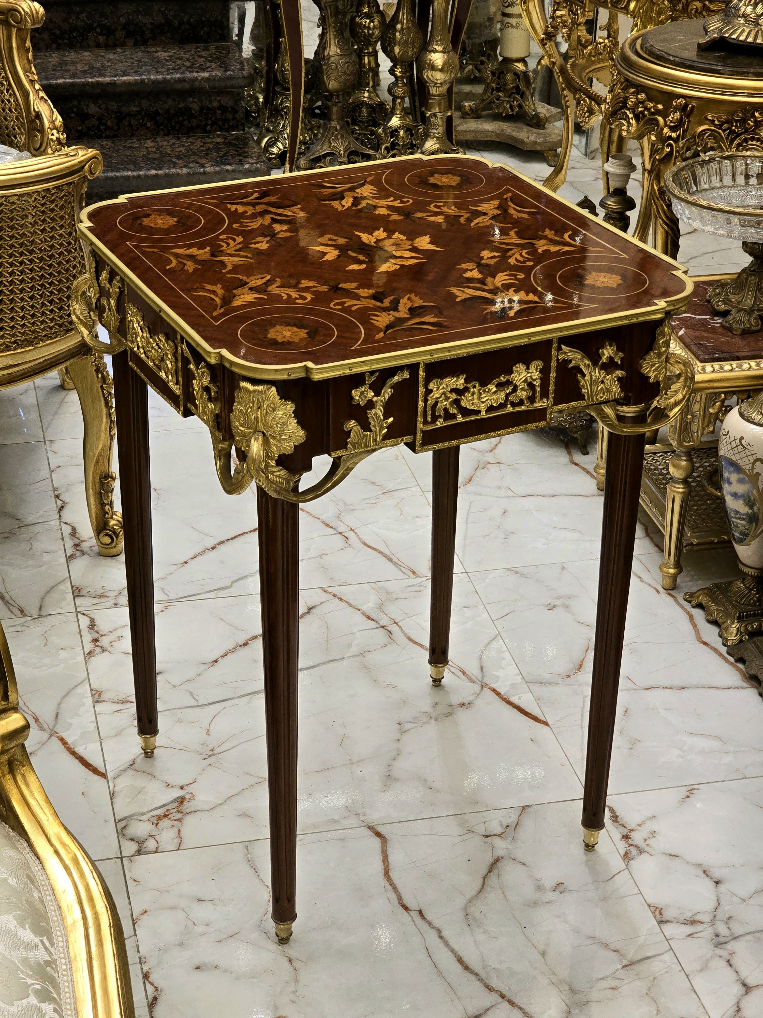 Italian Style Side Table – Gold Leaf Accents on Wood, Elegant Design (30” H x 22” W x 22” L).