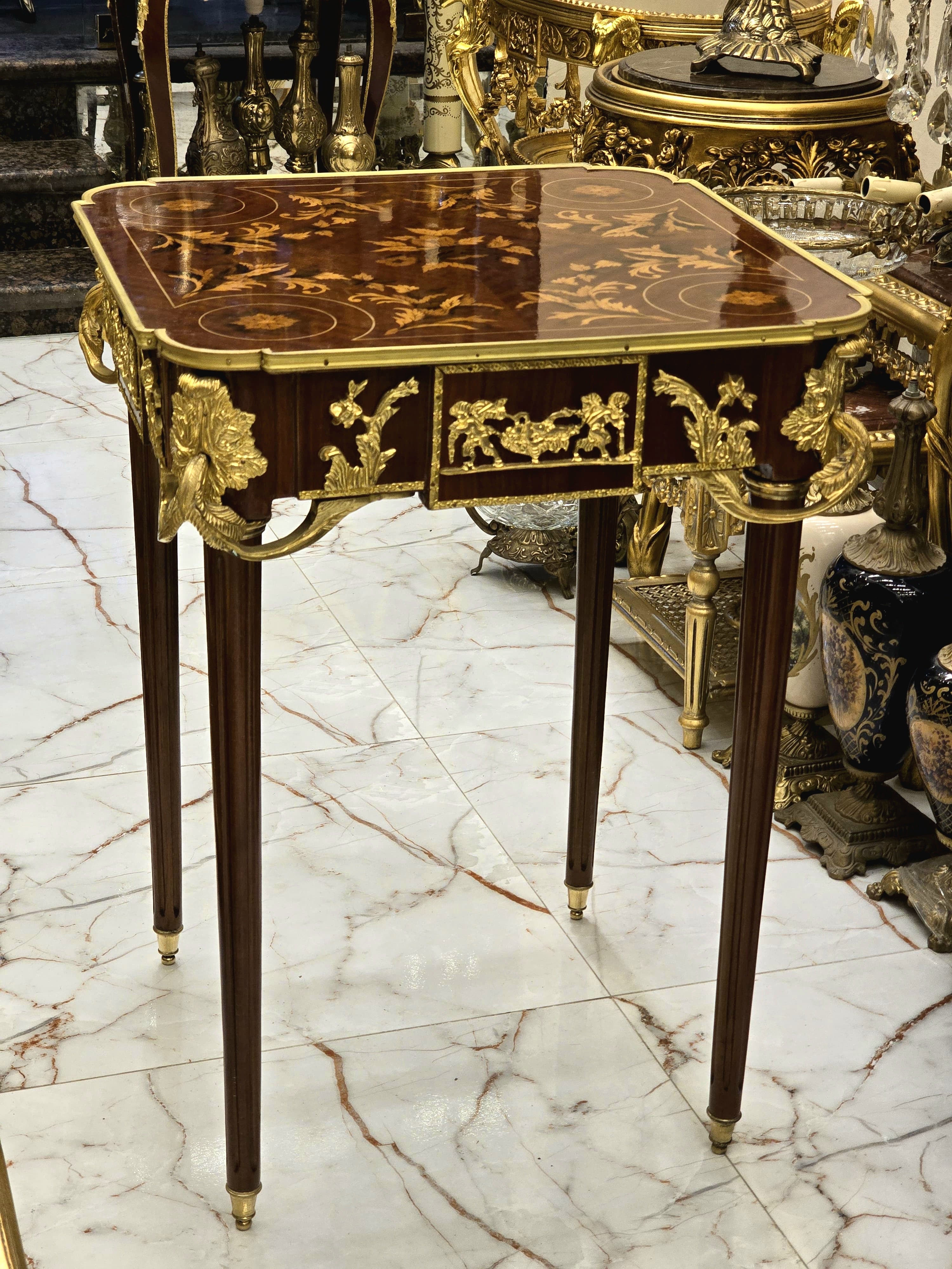 Italian Style Side Table – Gold Leaf Accents on Wood, Elegant Design (30” H x 22” W x 22” L).