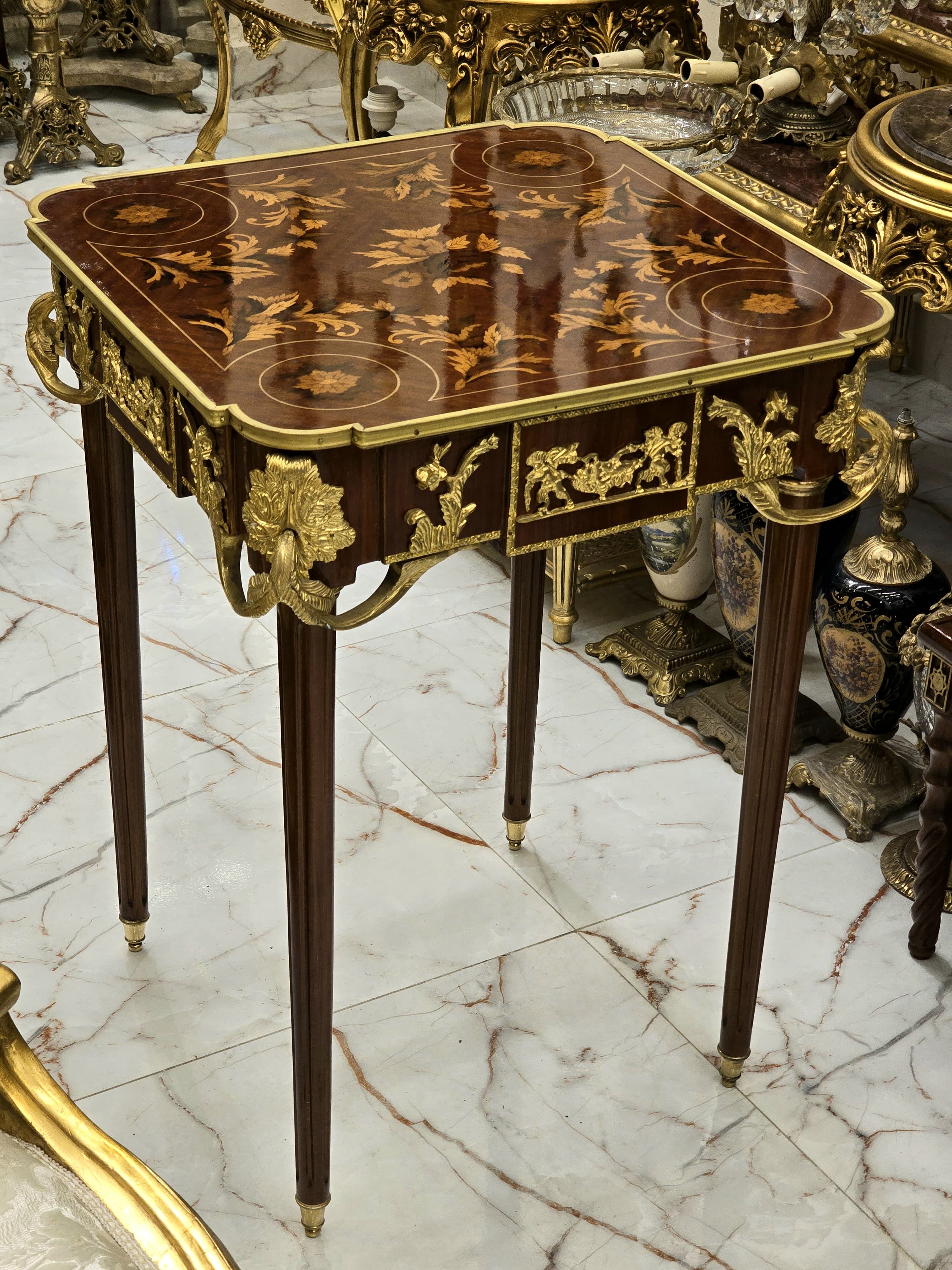 Italian Style Side Table – Gold Leaf Accents on Wood, Elegant Design (30” H x 22” W x 22” L).