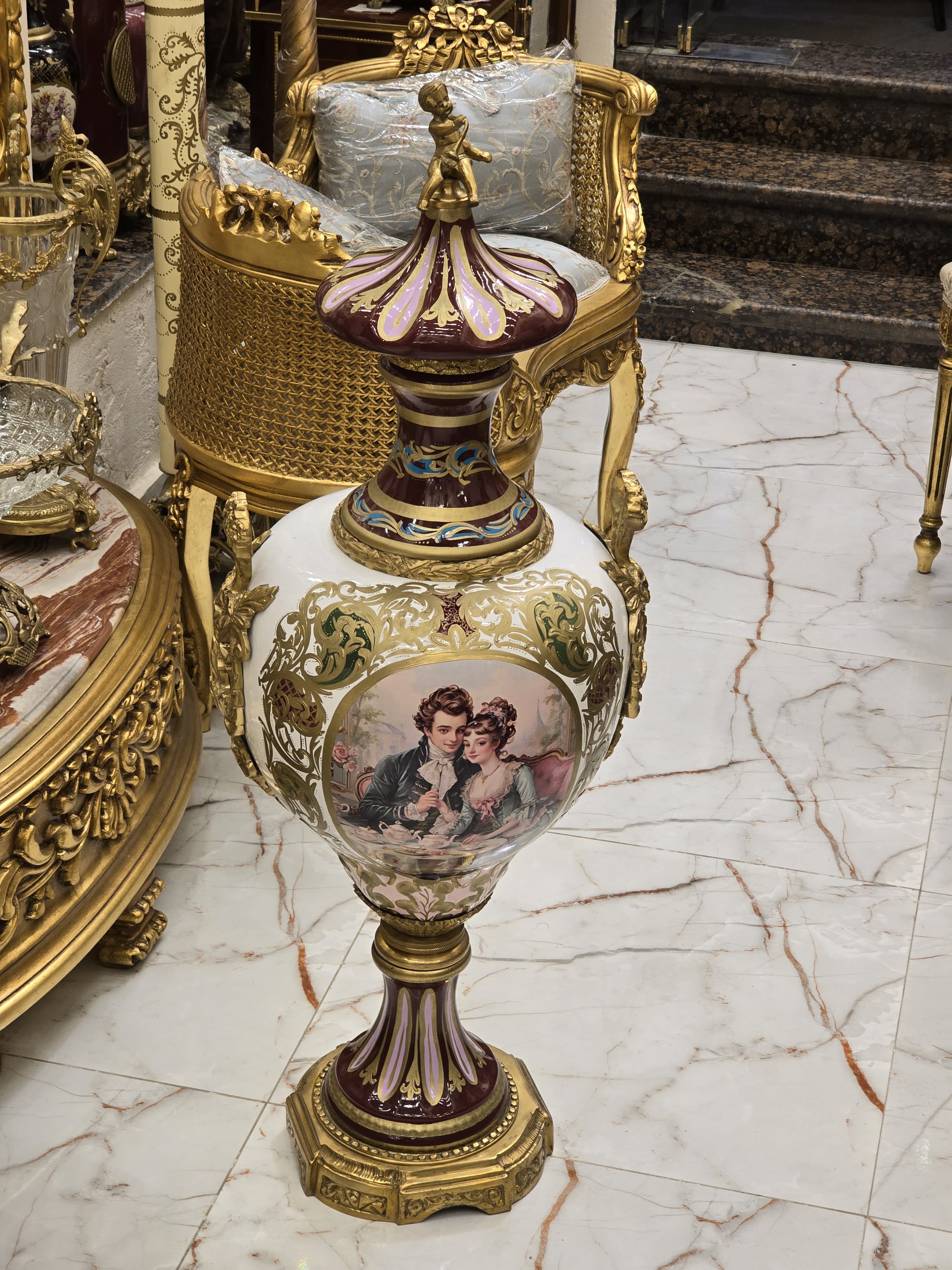 Ornate French Porcelain Vase with Romantic Scene & Gold Gilt Bronze Mounts