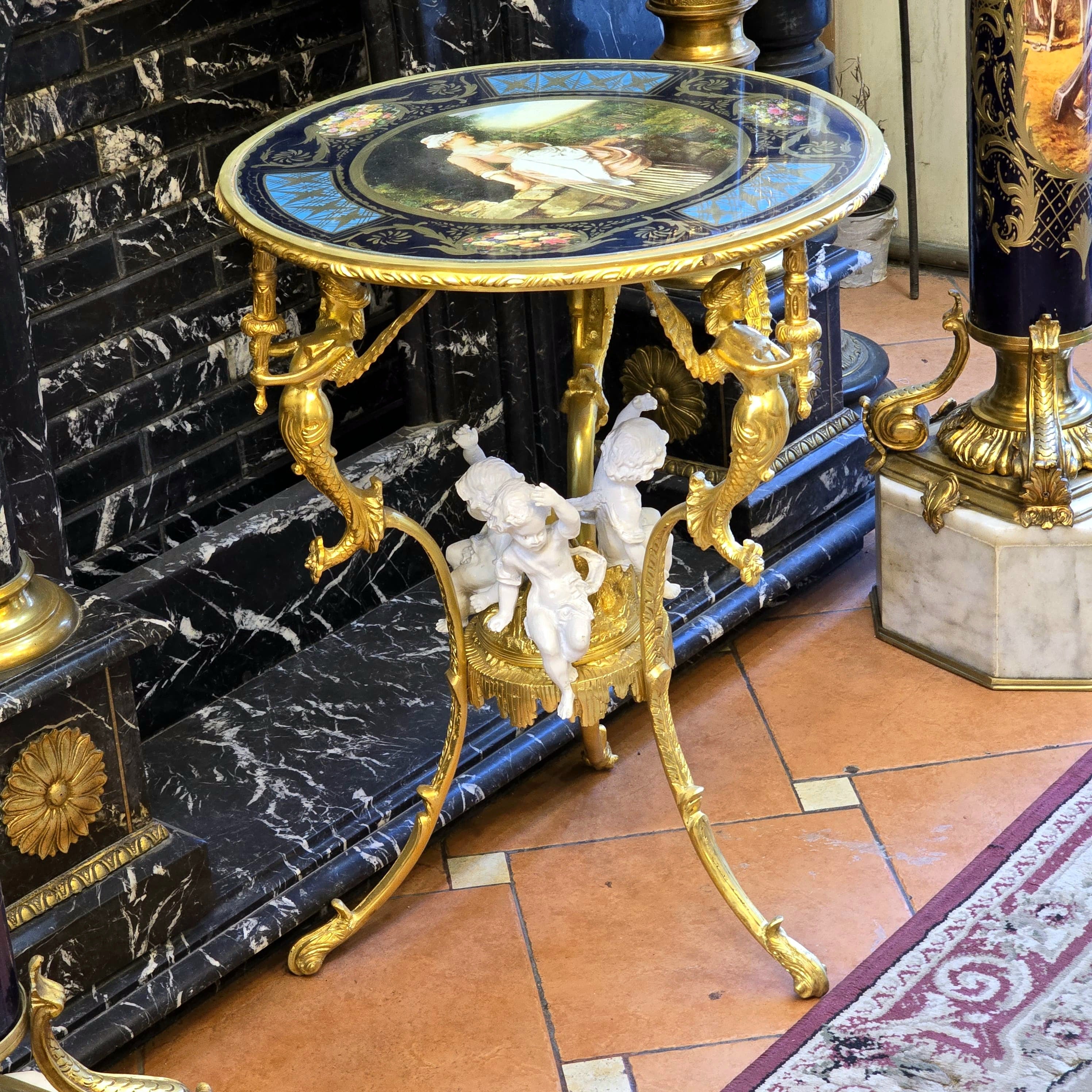 French Rococo Style Gilt Bronze Side Table with Cherub & Mermaid Details