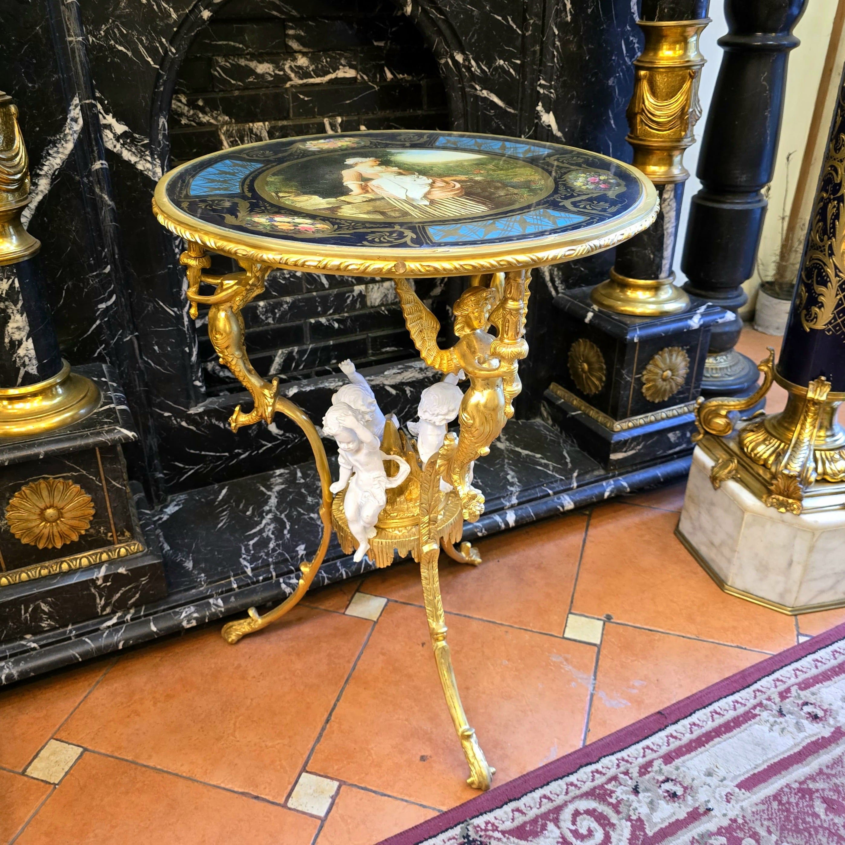 French Rococo Style Gilt Bronze Side Table with Cherub & Mermaid Details