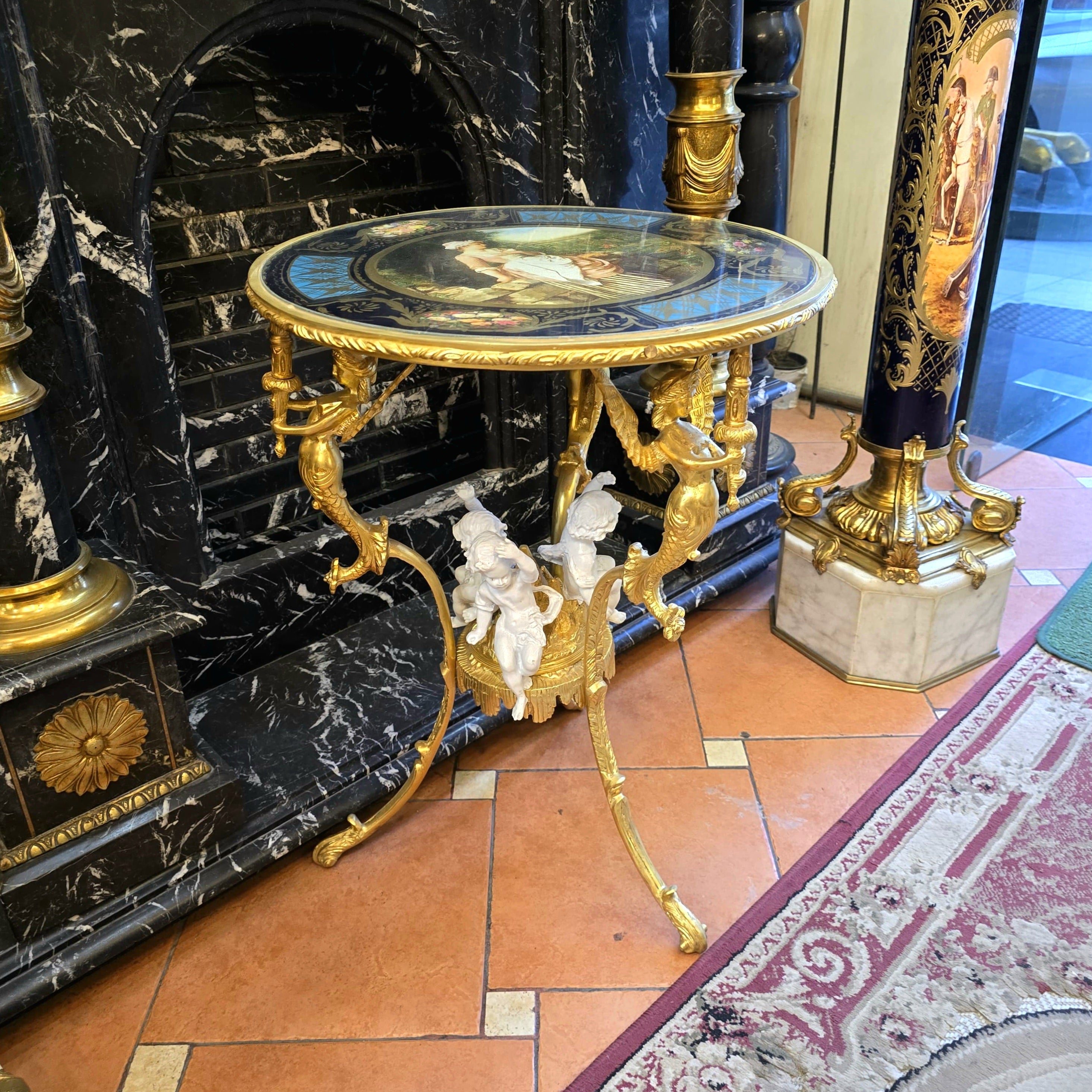 French Rococo Style Gilt Bronze Side Table with Cherub & Mermaid Details