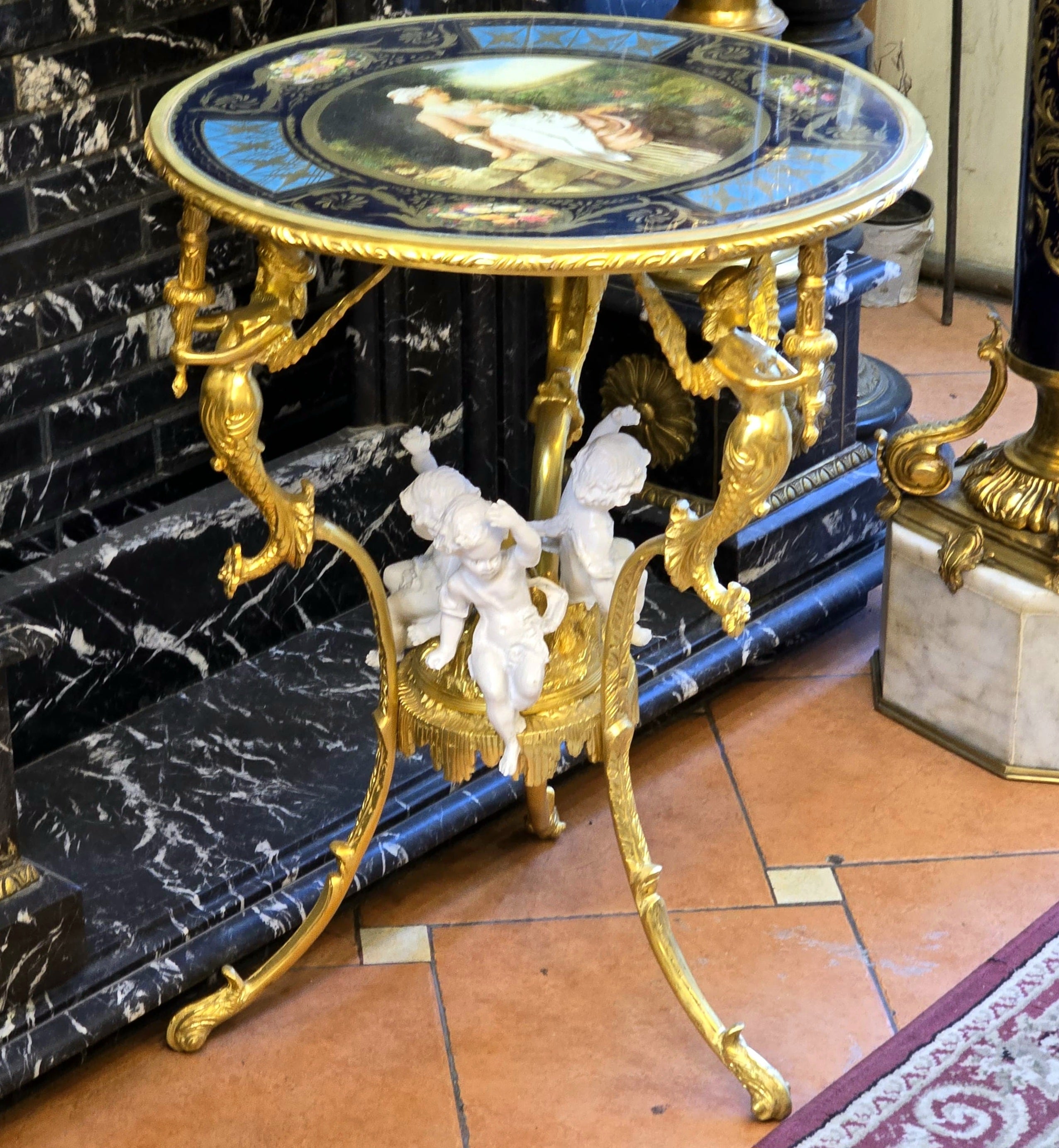 French Rococo Style Gilt Bronze Side Table with Cherub & Mermaid Details