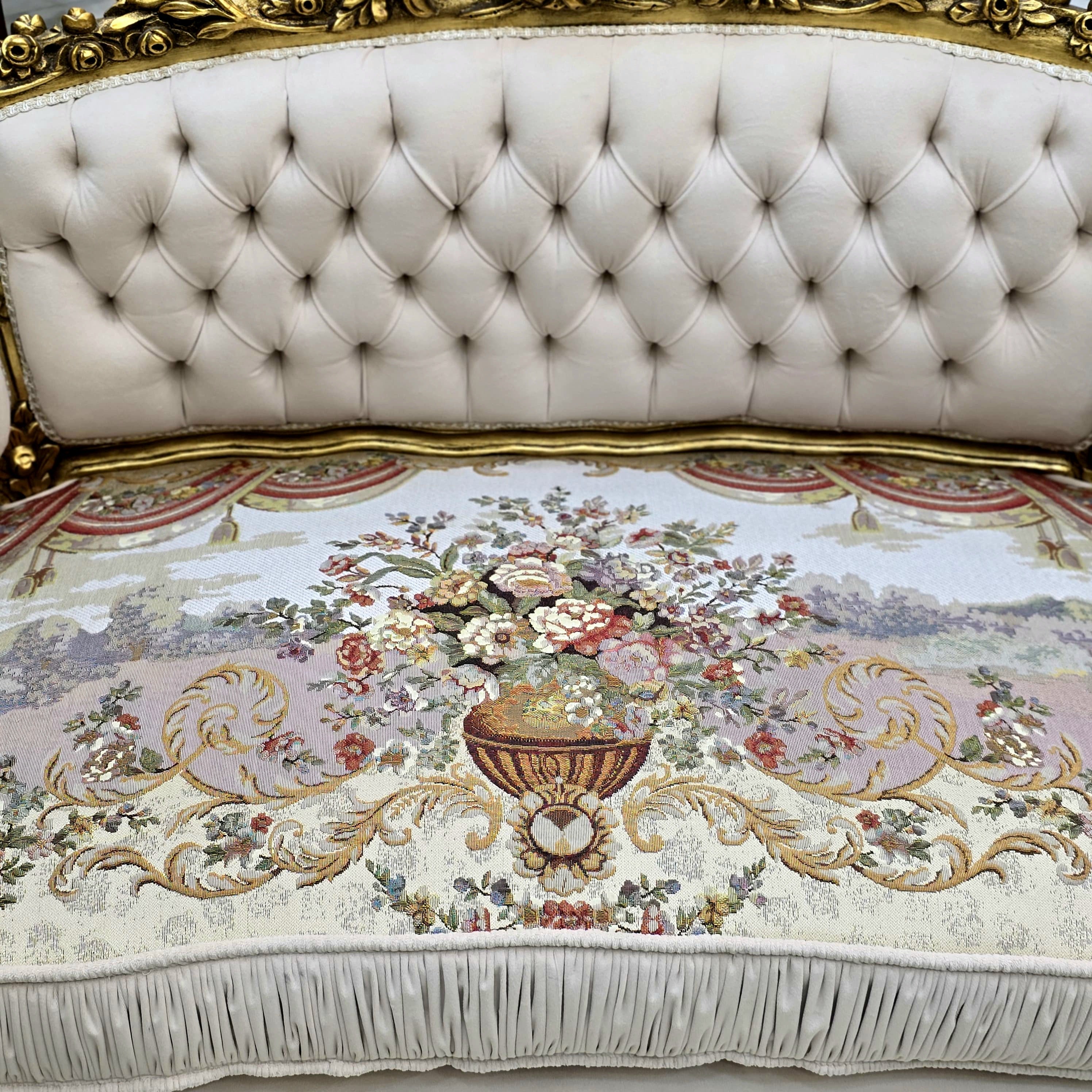 Italian Style Beige & White Damask Sofa with Gold Leaf Details – Classic French-Inspired Design