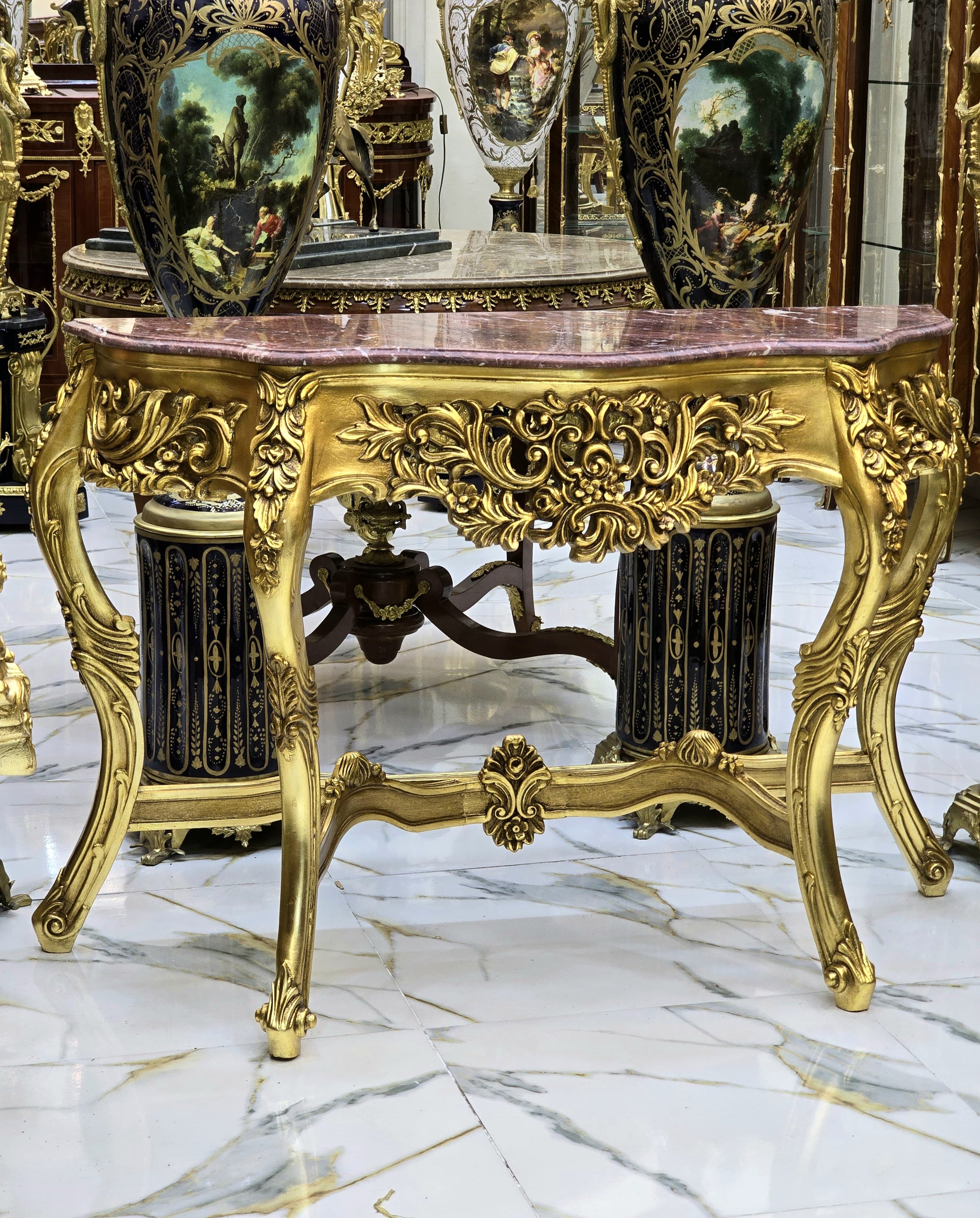 French Style Console Table – Light Marble Top, Gold Leaf Details, 36"H x 20"W x 55"L