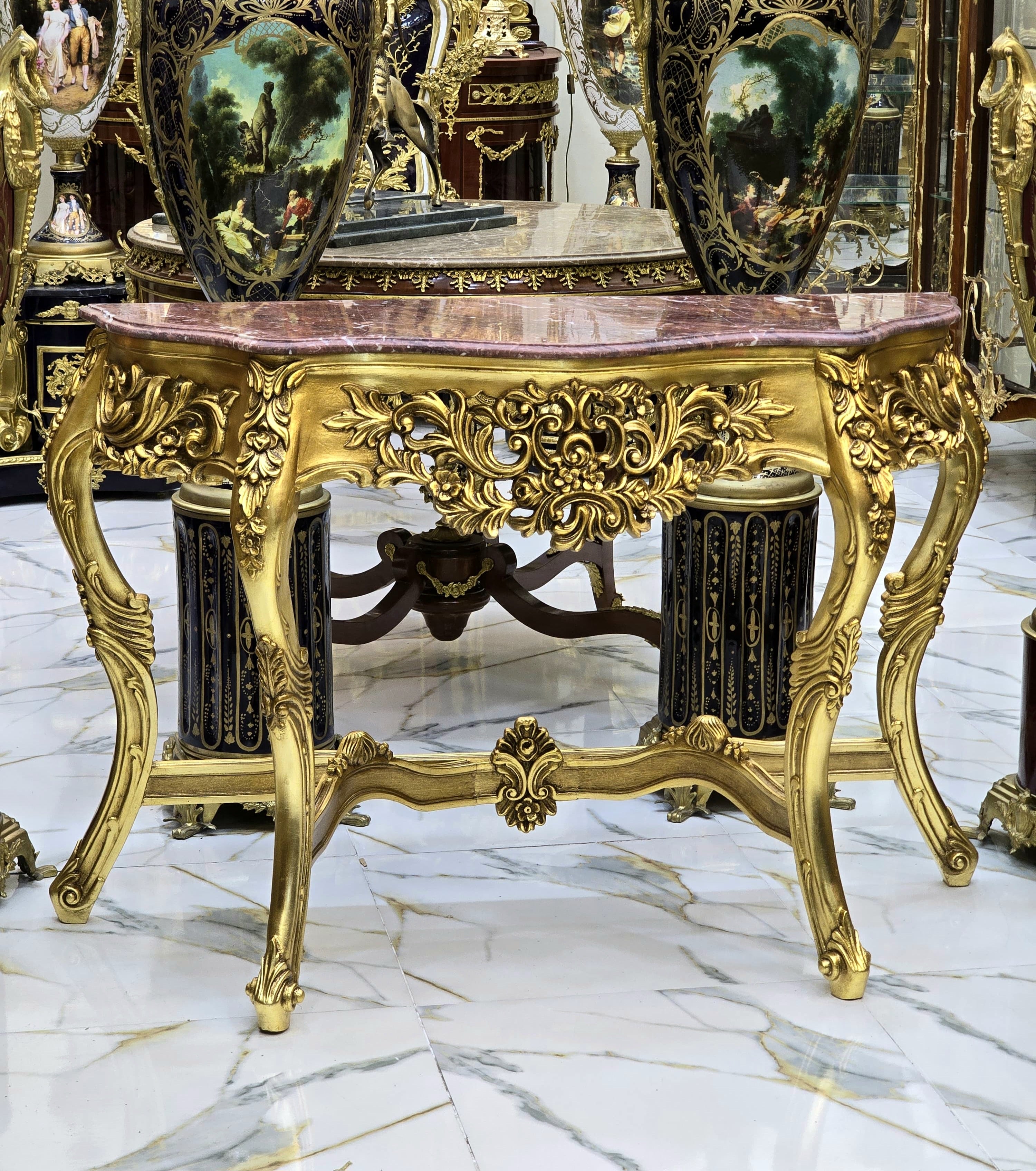 French Style Console Table – Light Marble Top, Gold Leaf Details, 36"H x 20"W x 55"L