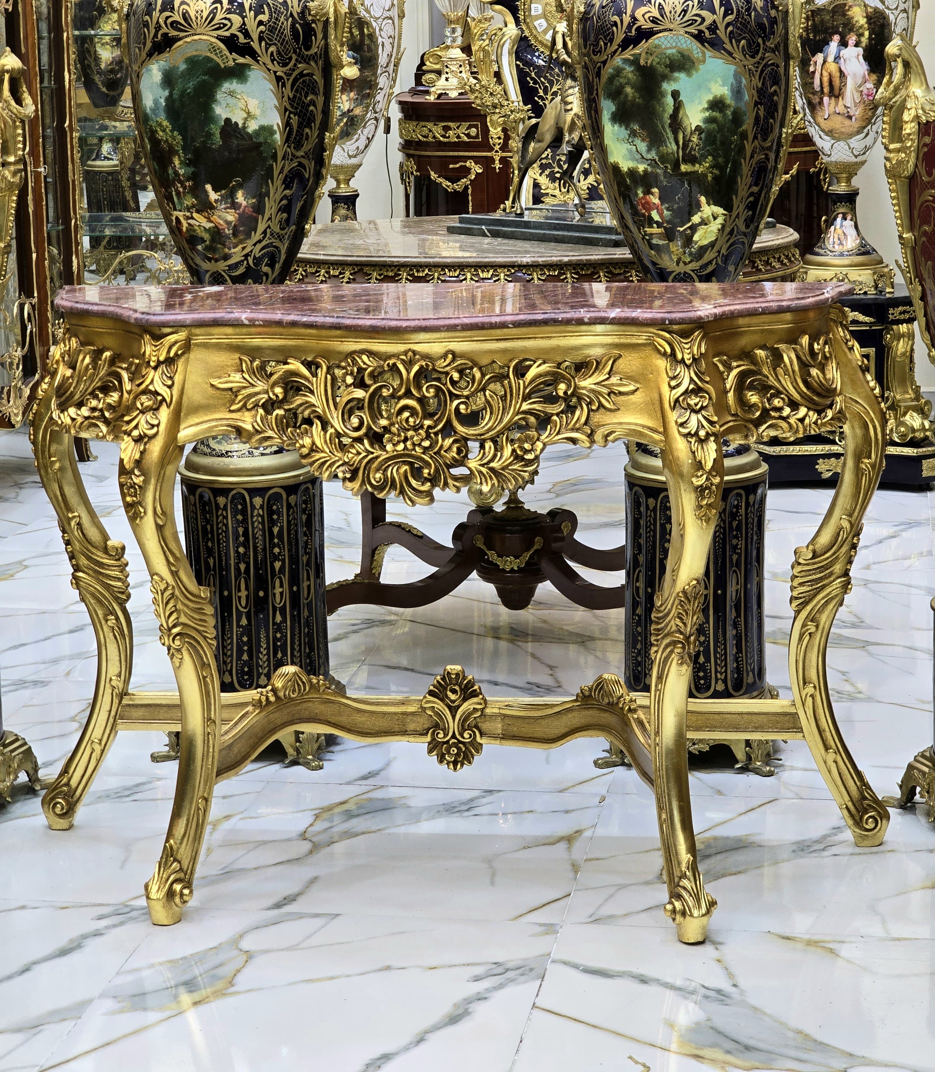 French Style Console Table – Light Marble Top, Gold Leaf Details, 36"H x 20"W x 55"L