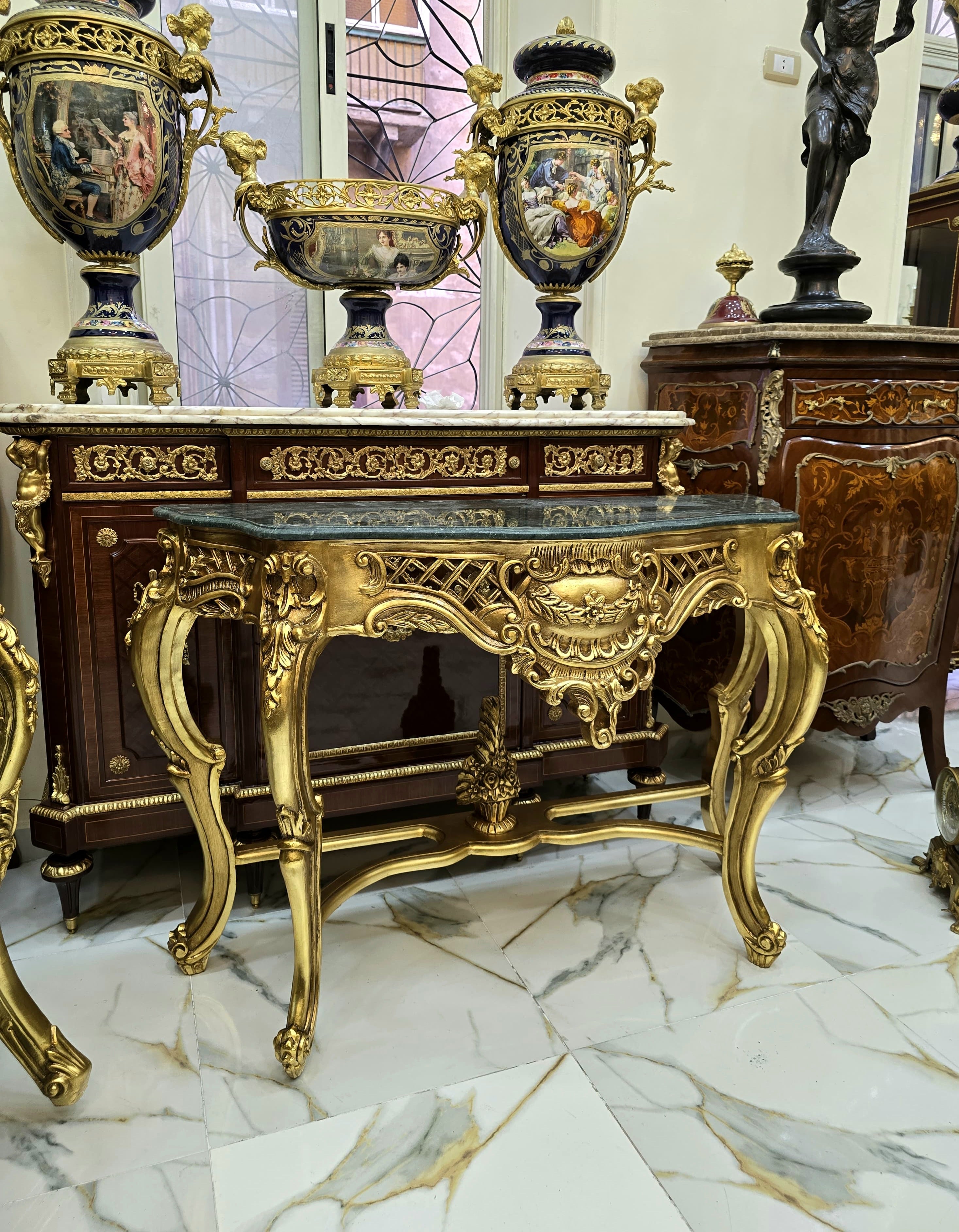 French Style Console Table – Black Marble Top, Gold Leaf Details, 36"H x 22"W x 50"L