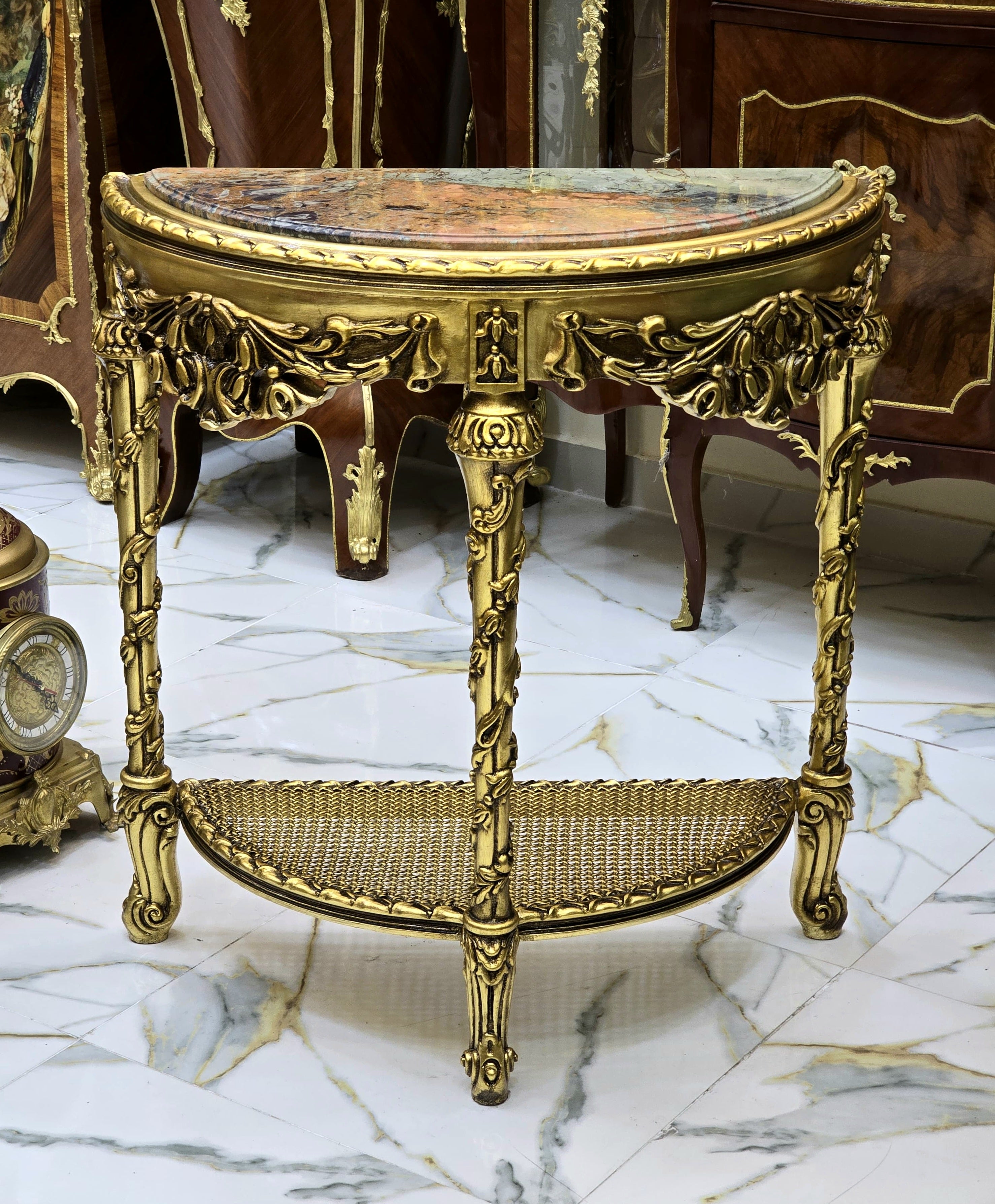 French Style Console Table – Marble Top, Gold Leaf Details, 35"H x 16"W x 31"L